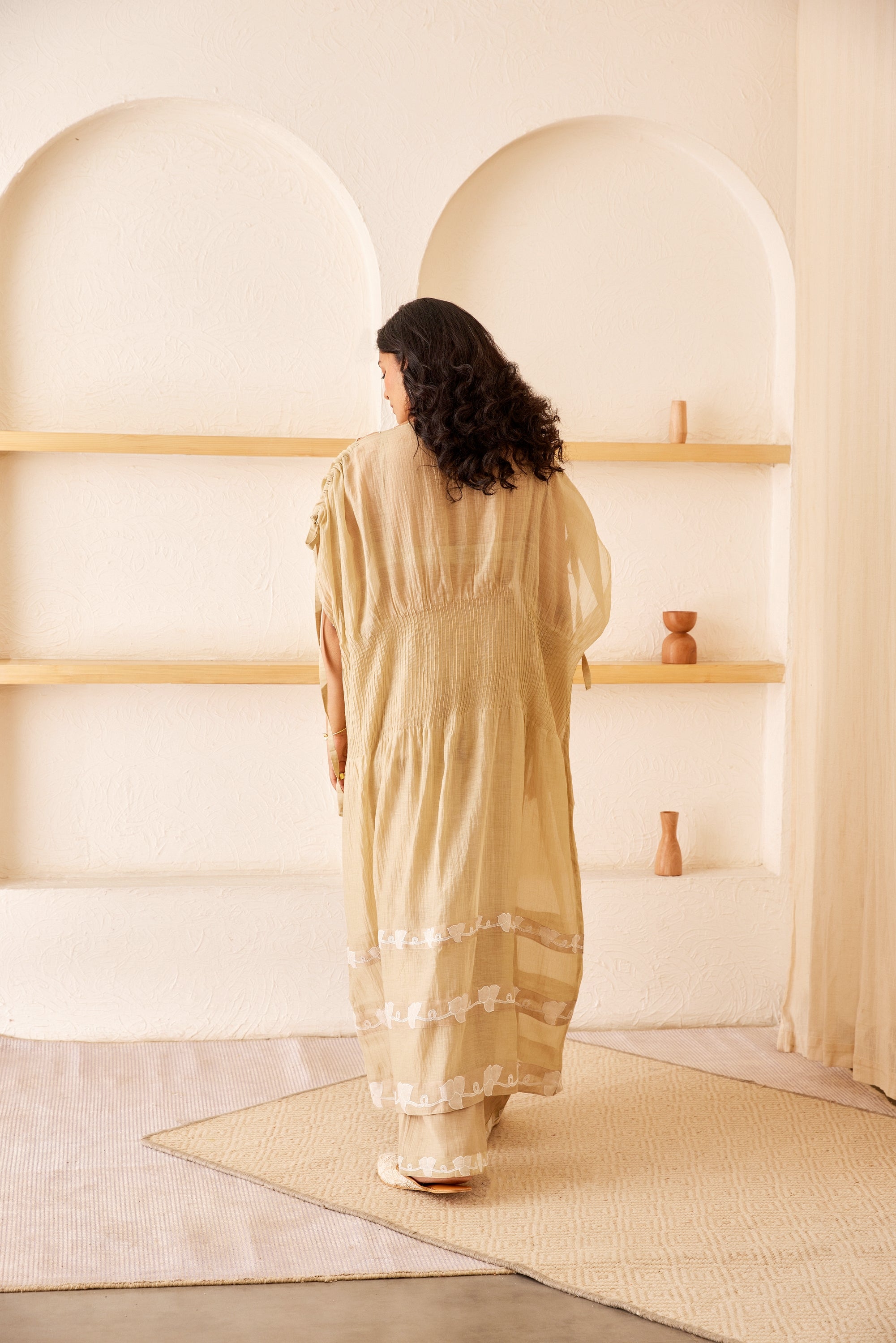 Beige chanderi silk hand embroidered kaftan set