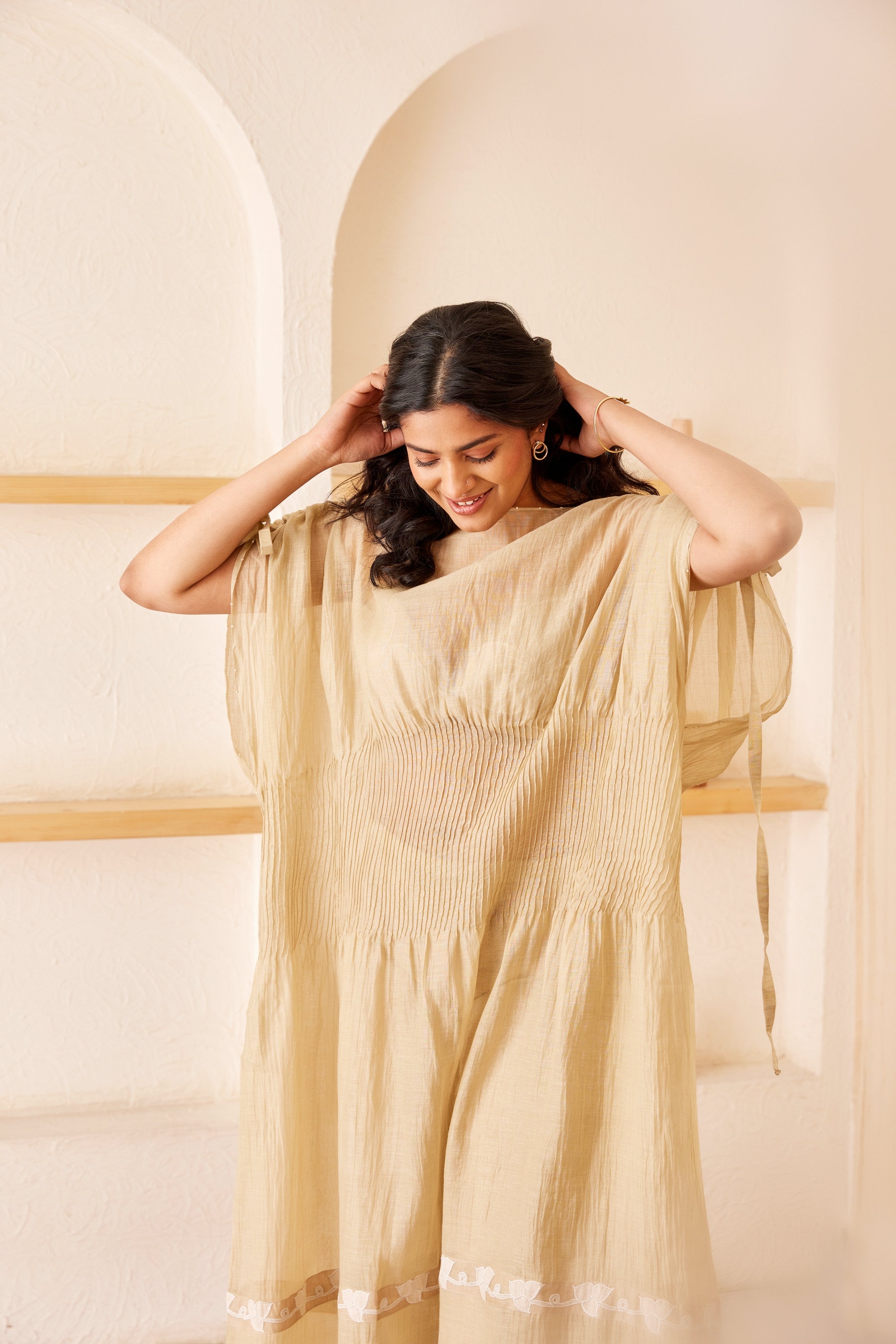 Beige chanderi silk hand embroidered kaftan