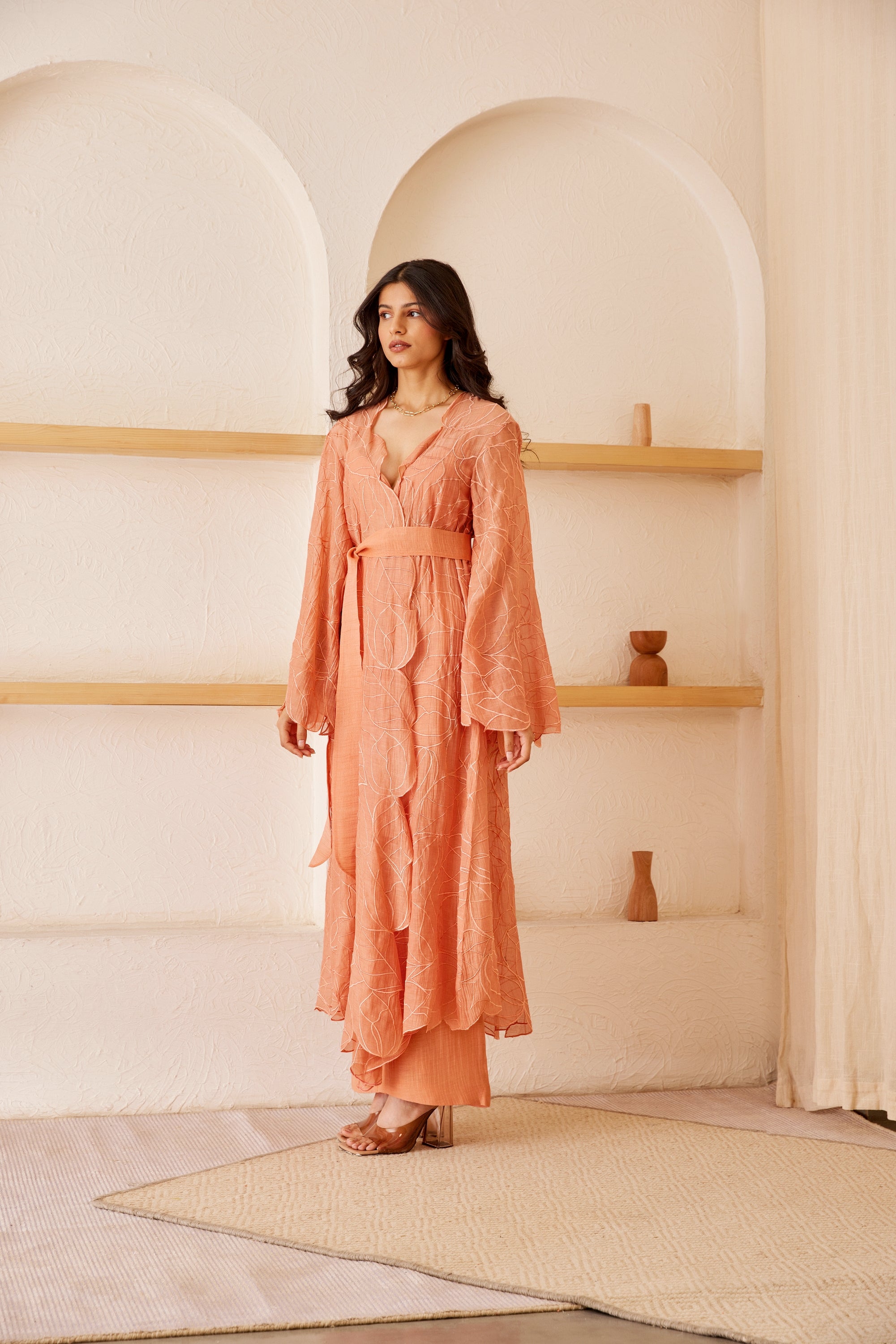 Peach chanderi embroidered jacket set