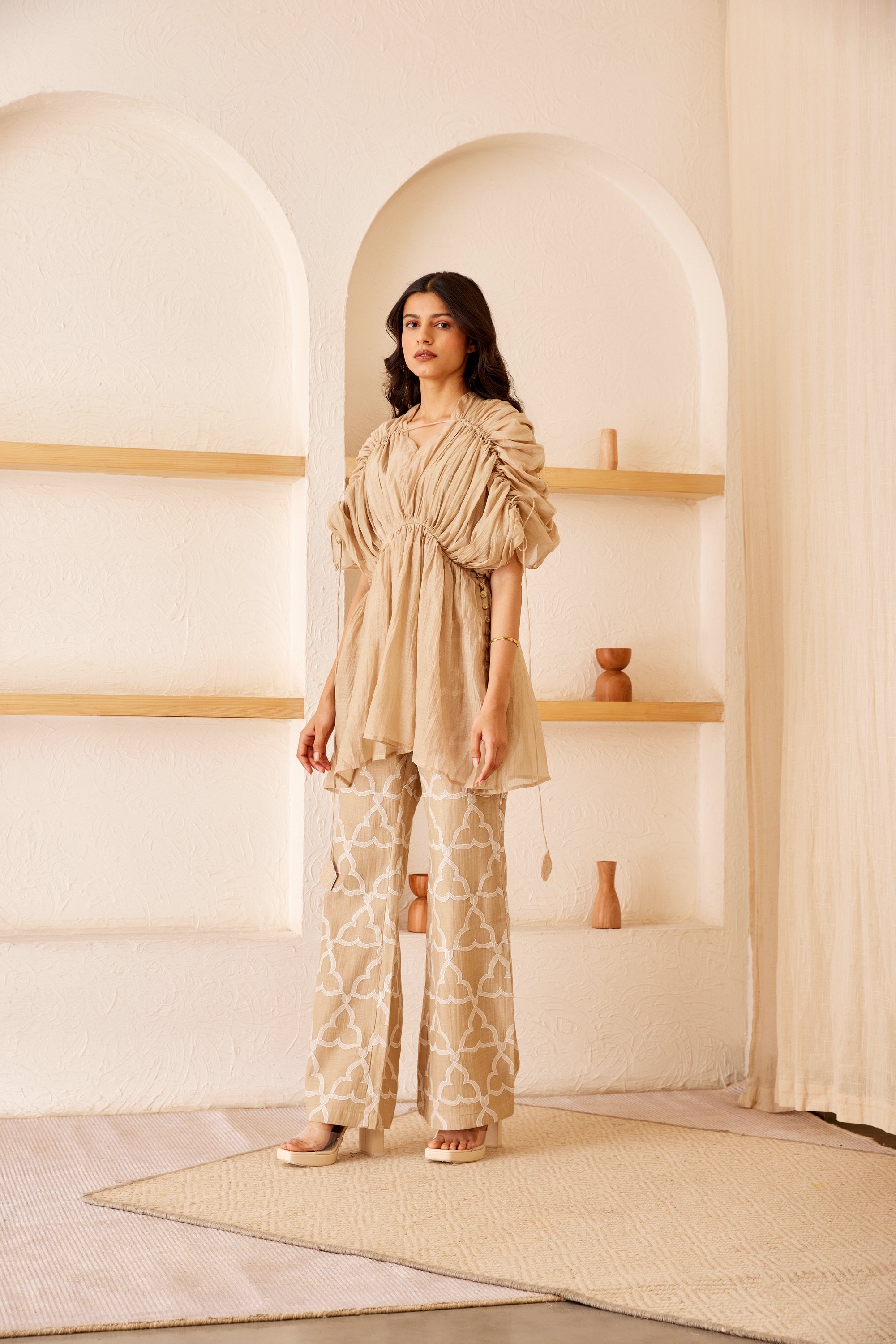 Beige chanderi silk embroidered co-ord set