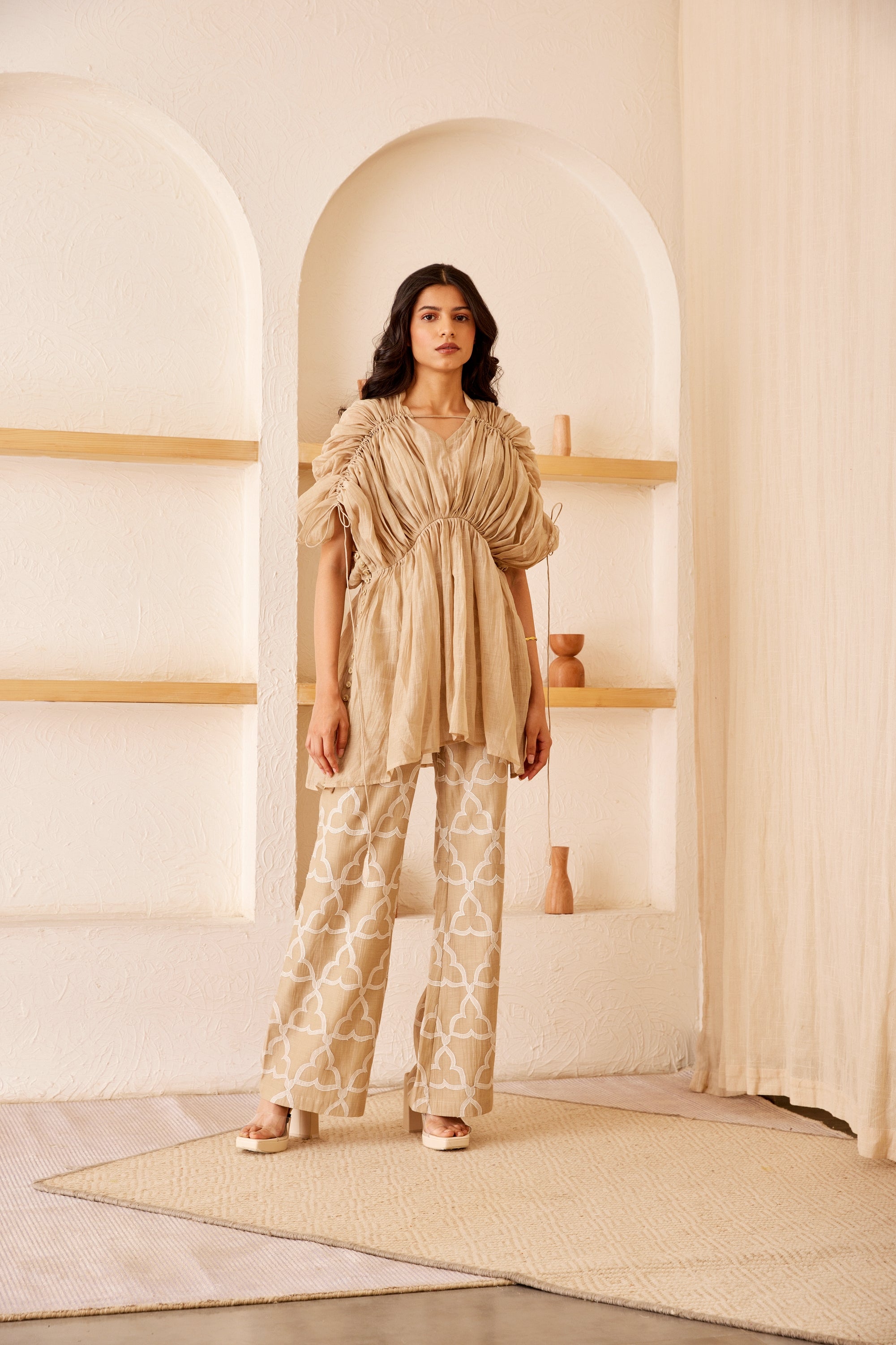 Beige chanderi silk pleated top