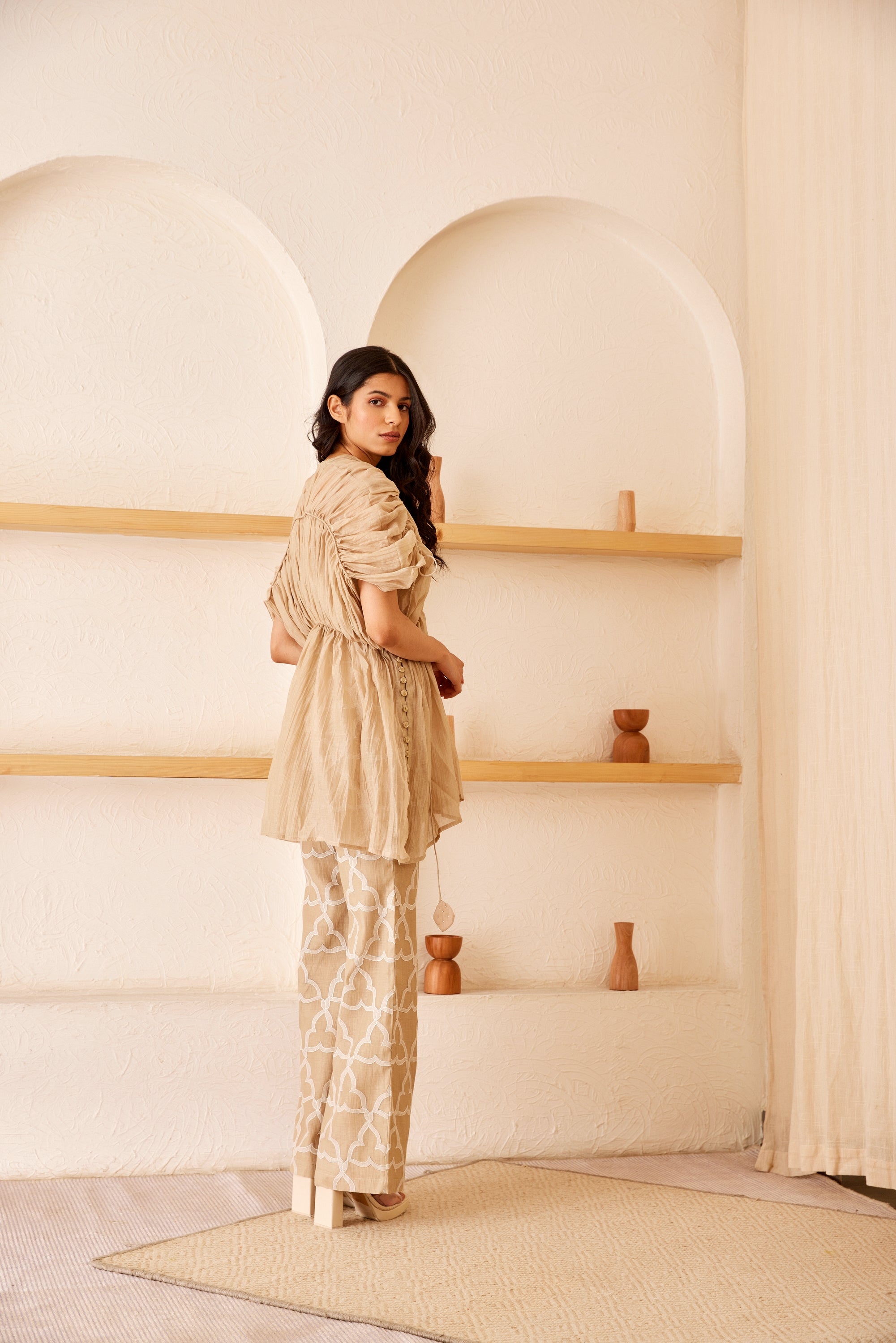 Beige chanderi silk embroidered co-ord set