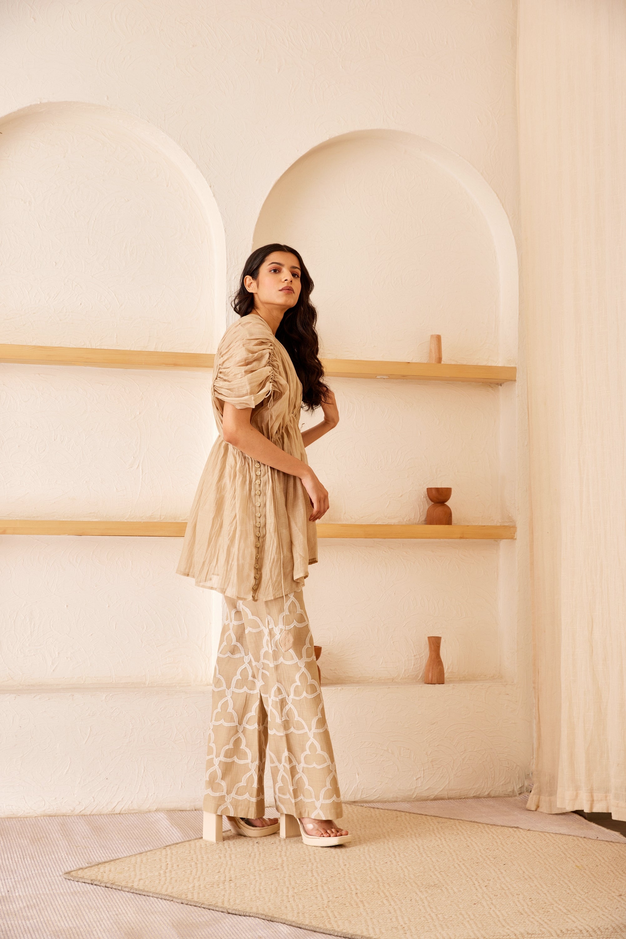 Beige chanderi silk pleated top