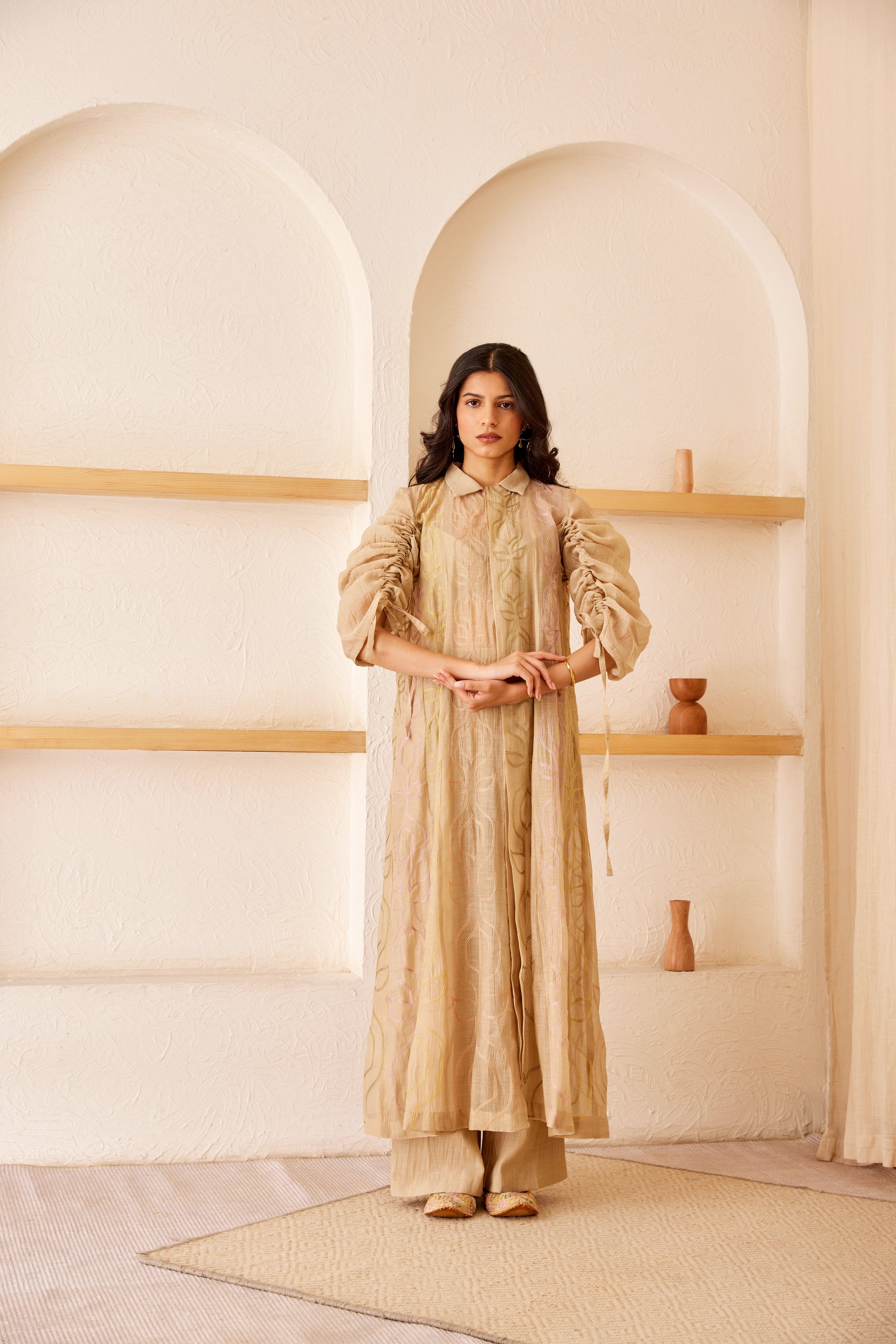 Beige chanderi silk hand embroidered kurta/dress