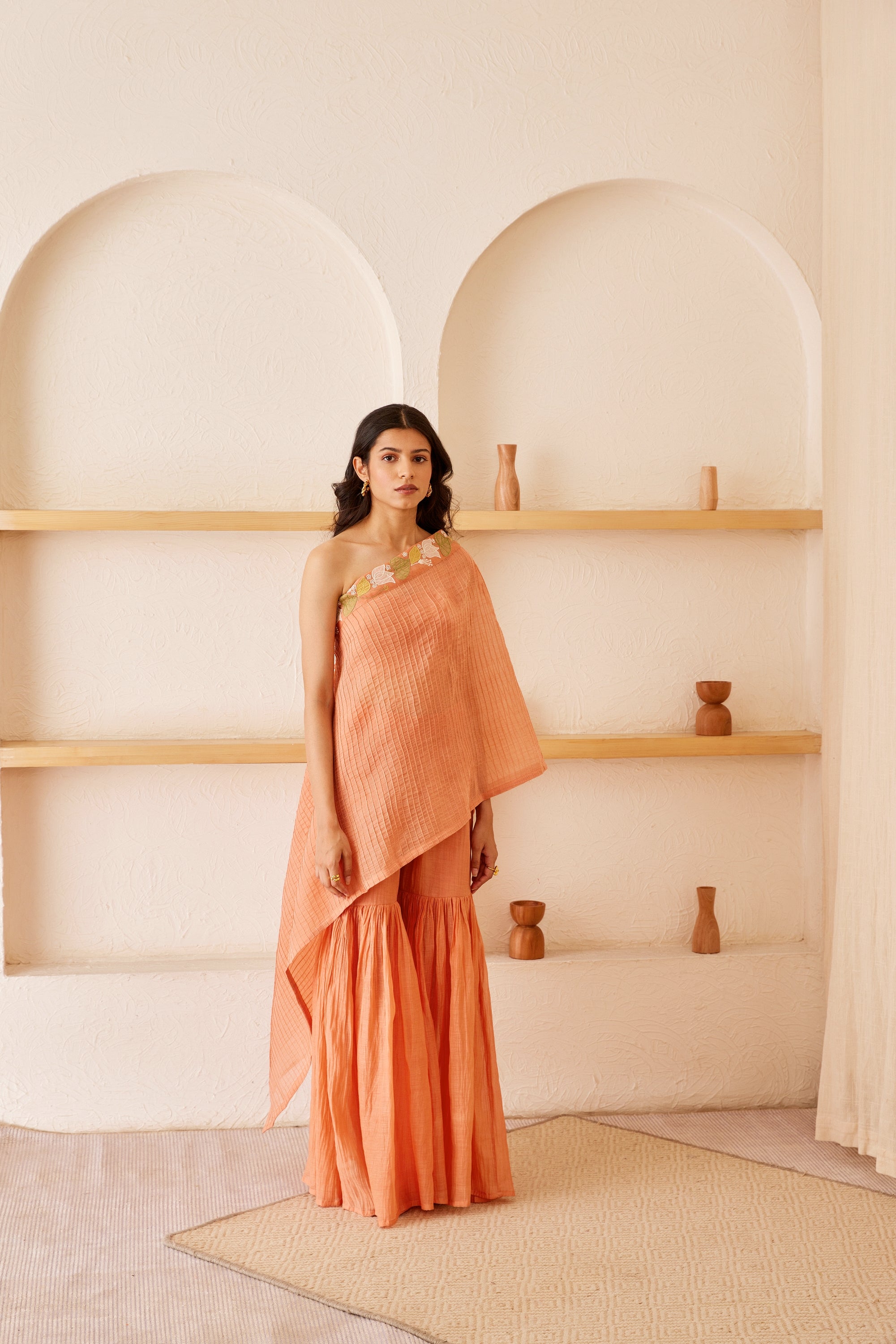 Peach cotton chanderi hand embroidered top and gharara set