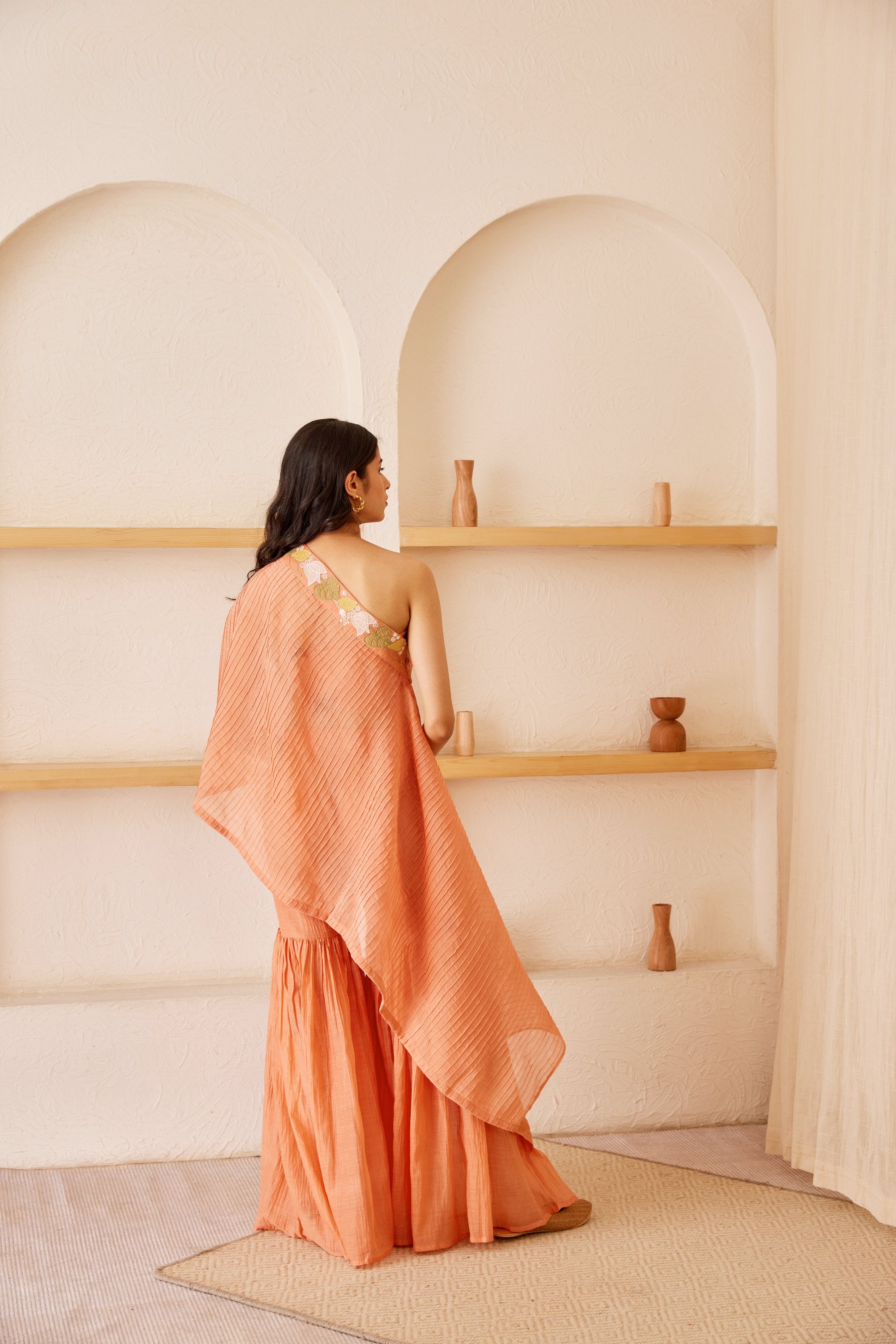 Peach cotton chanderi hand embroidered top and gharara set