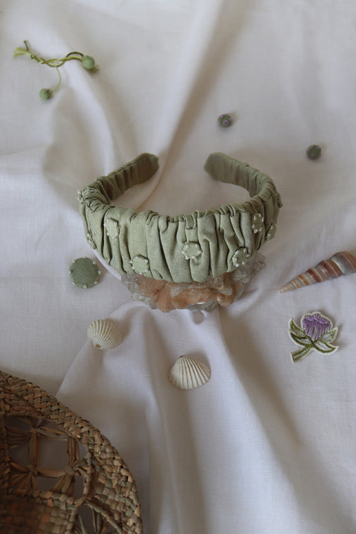 Green button embroidered hairband