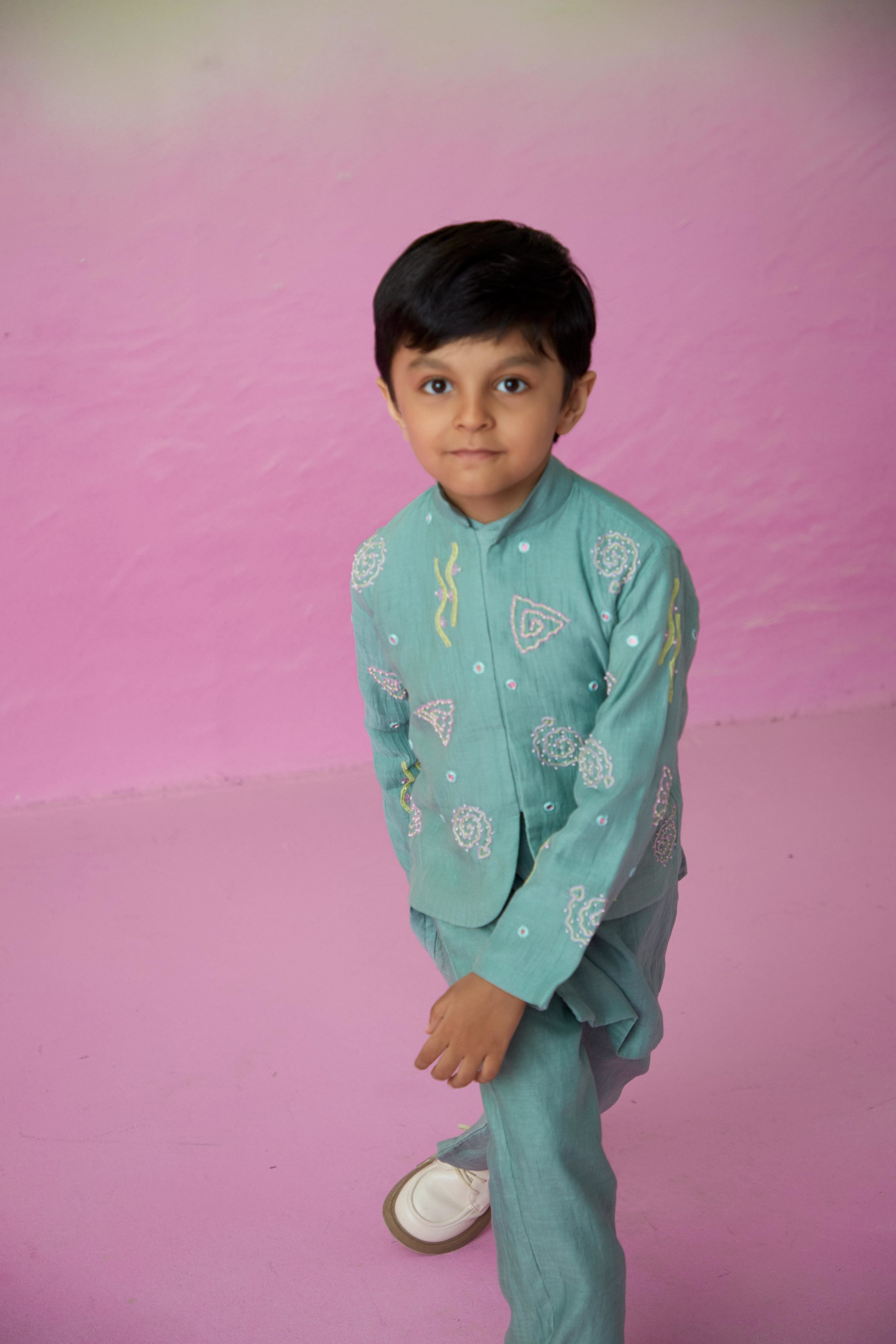 Mint Hand embroidered Kurta Jacket and Pants set for Boys