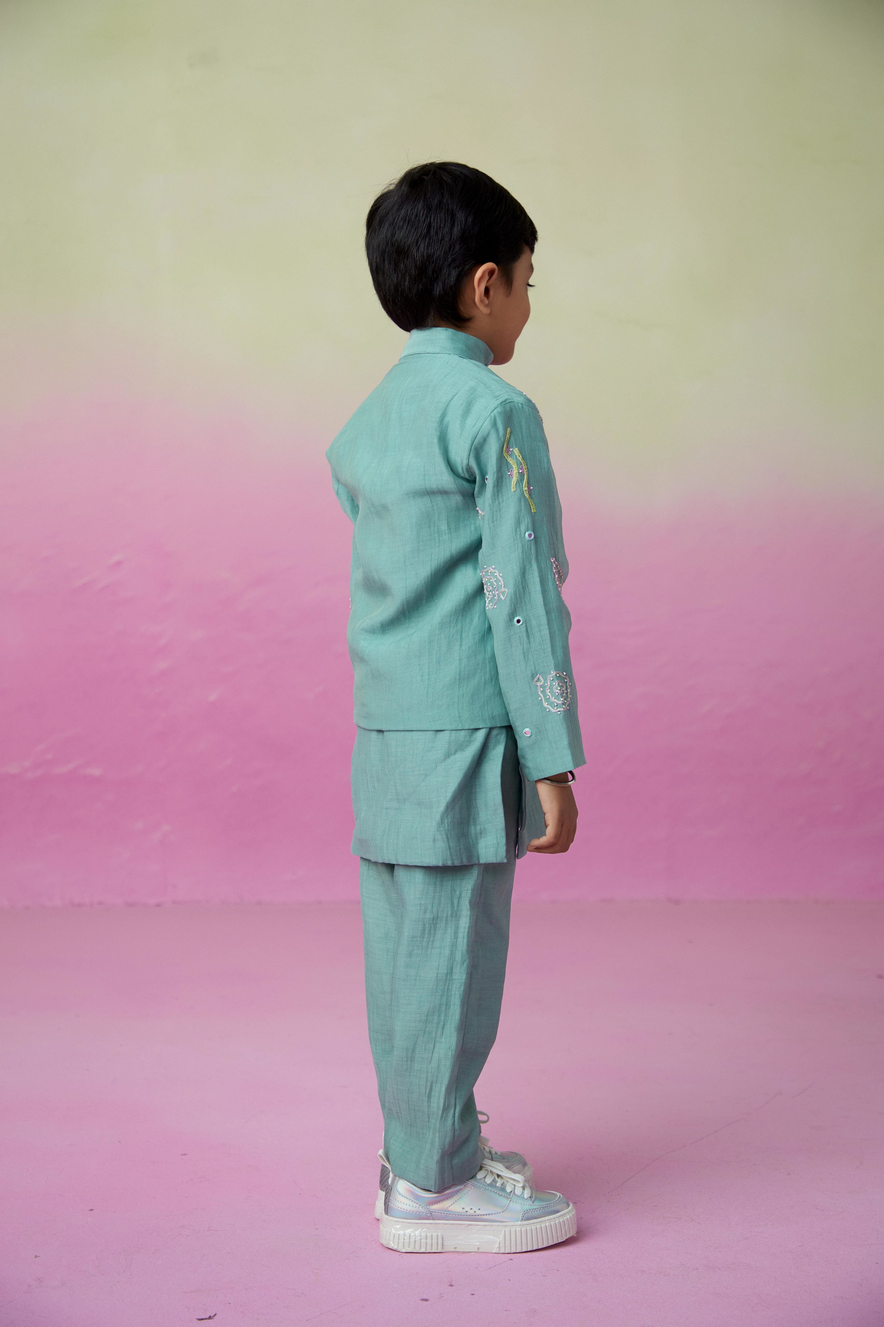Mint Hand embroidered Kurta Jacket and Pants set for Boys