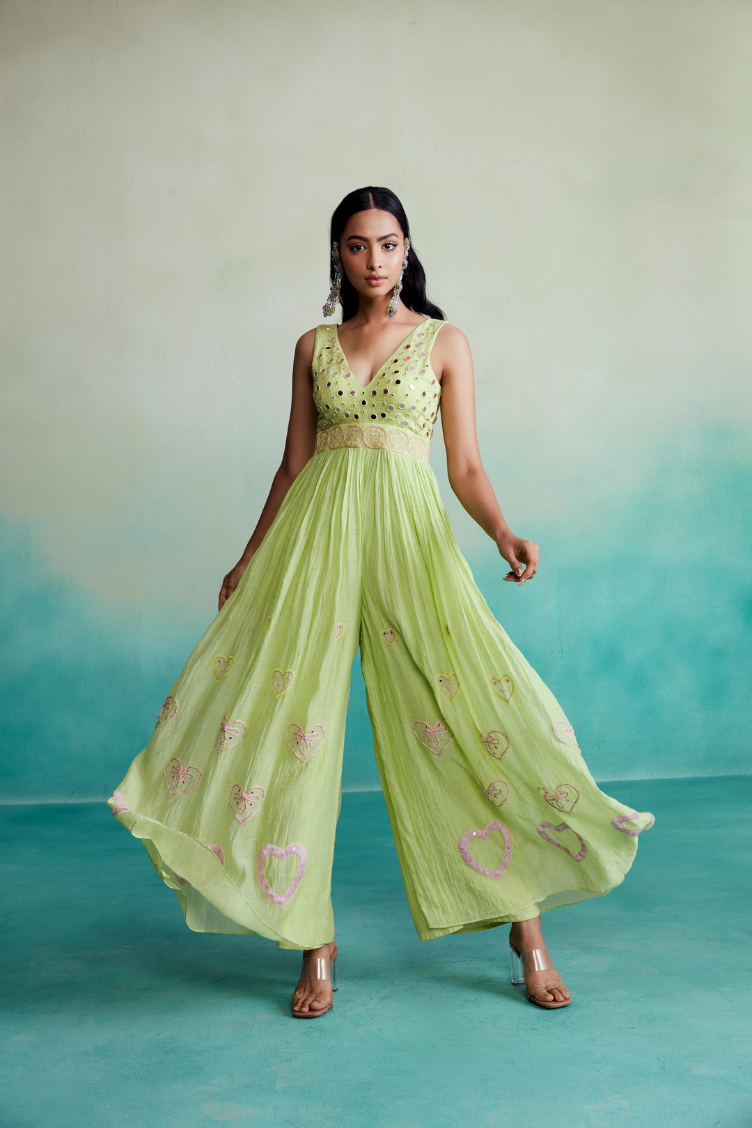 Round Neck Beaded Jumpsuit with Cutout Lime Green