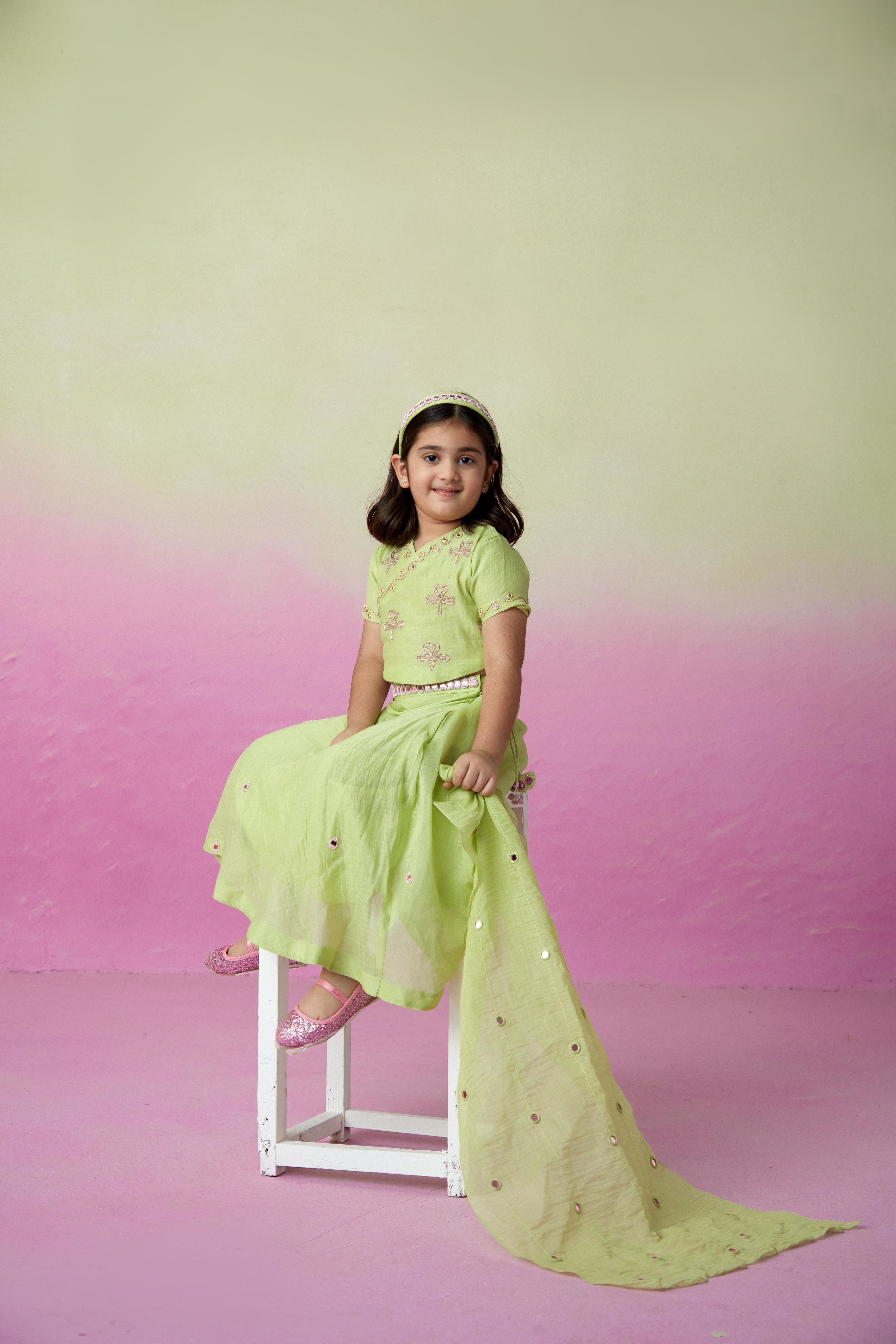 Lime Hand embroidered Crop top, Skirt and Dupatta set for Girls