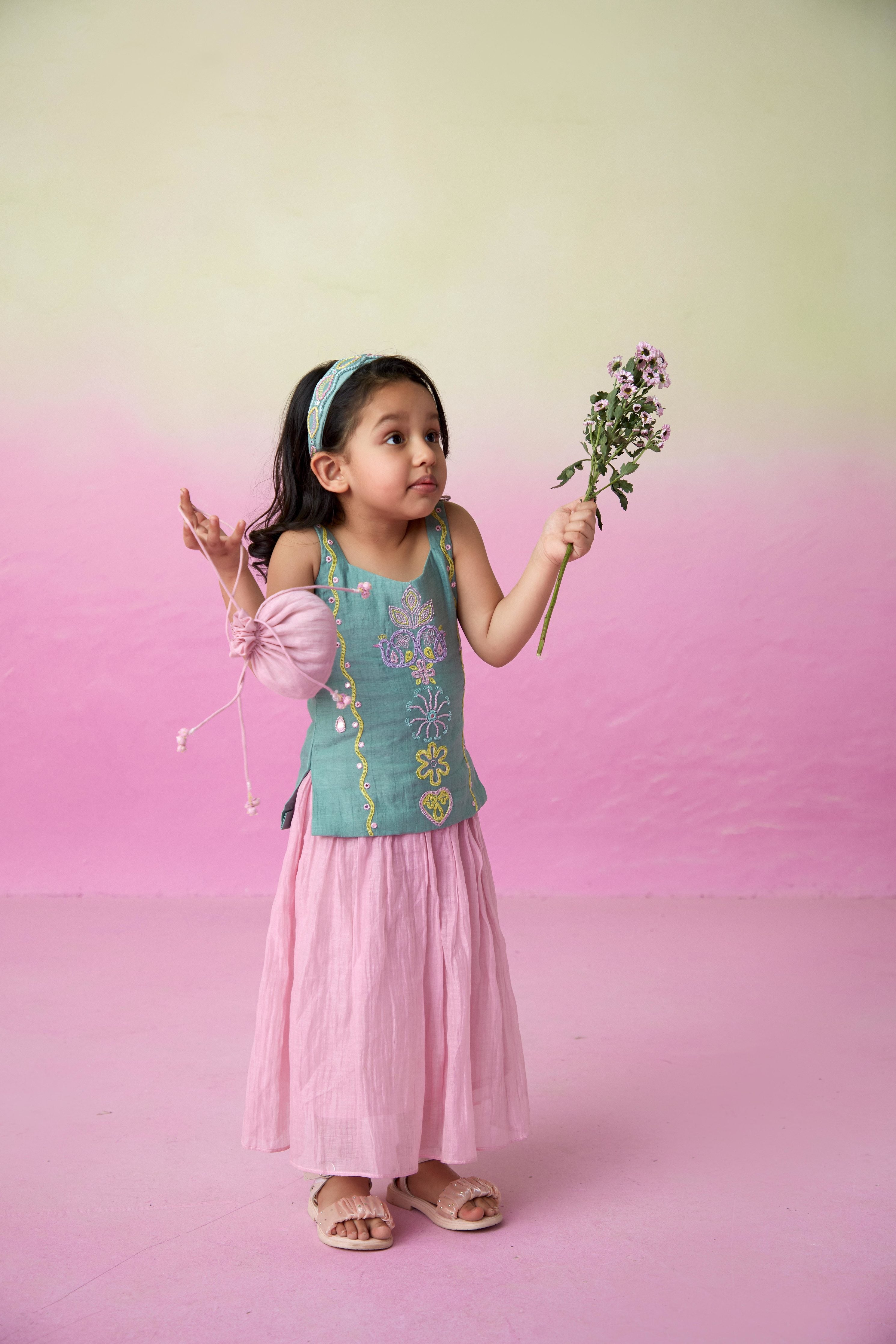 Mint Hand embroidered Kurta with orchid pink gathered Skirt for Girls