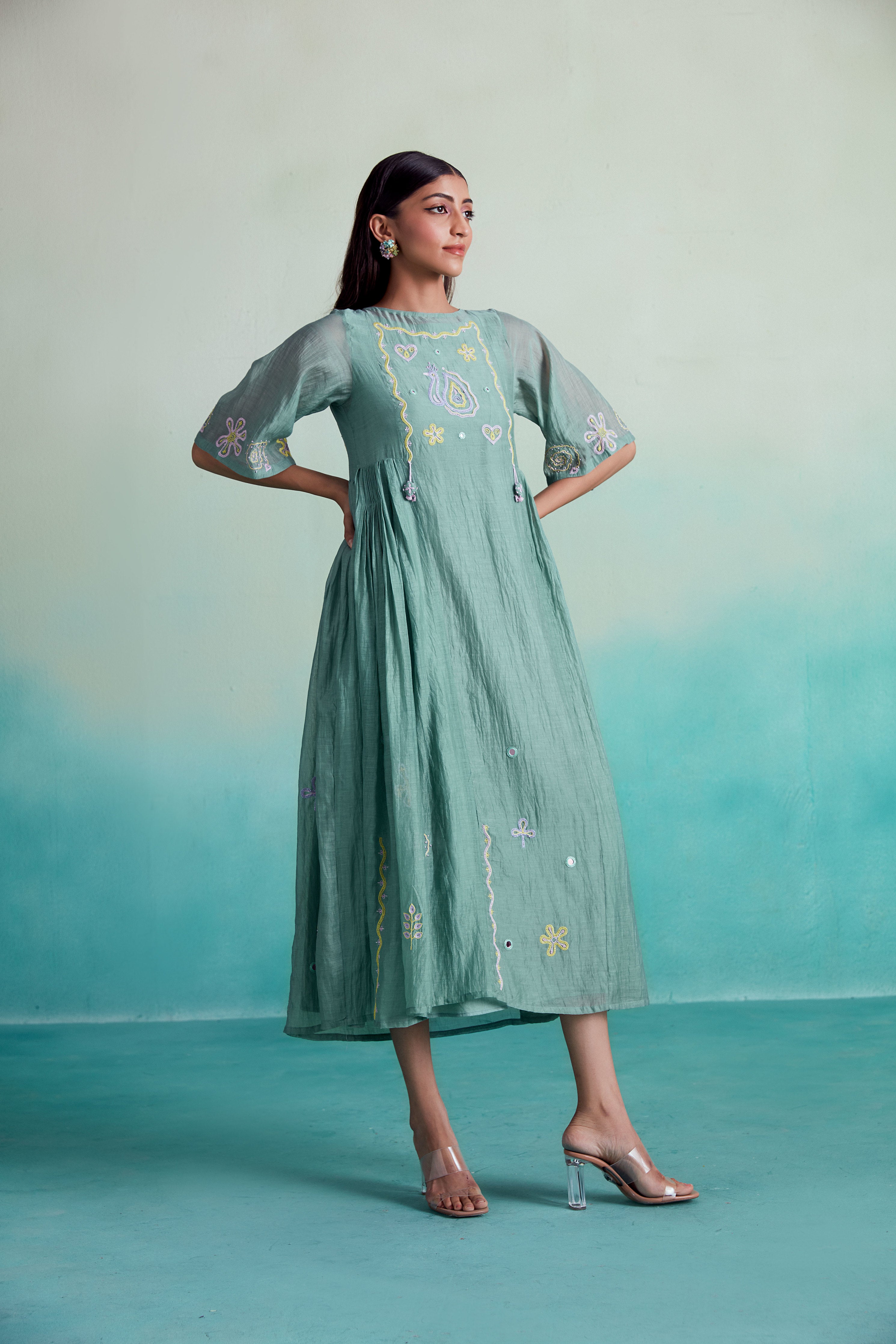 Mint Hand embroidered gathered Dress