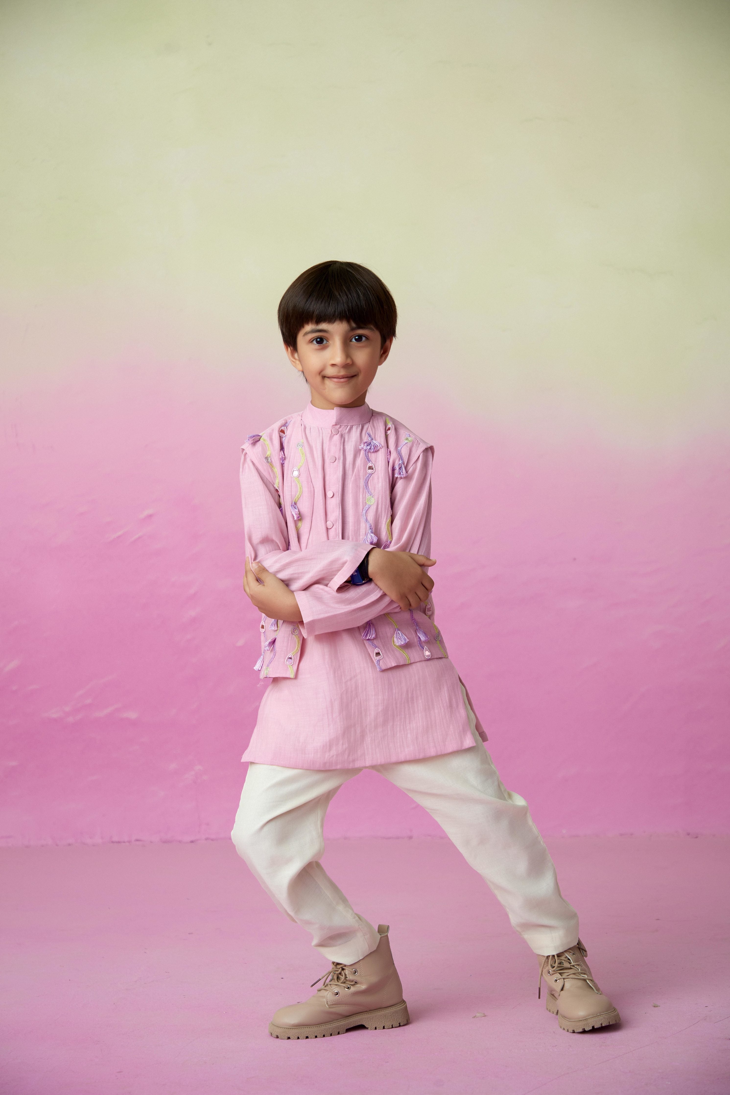 Orchid Pink Hand embroidered Kurta Jacket & Pants set for Boys