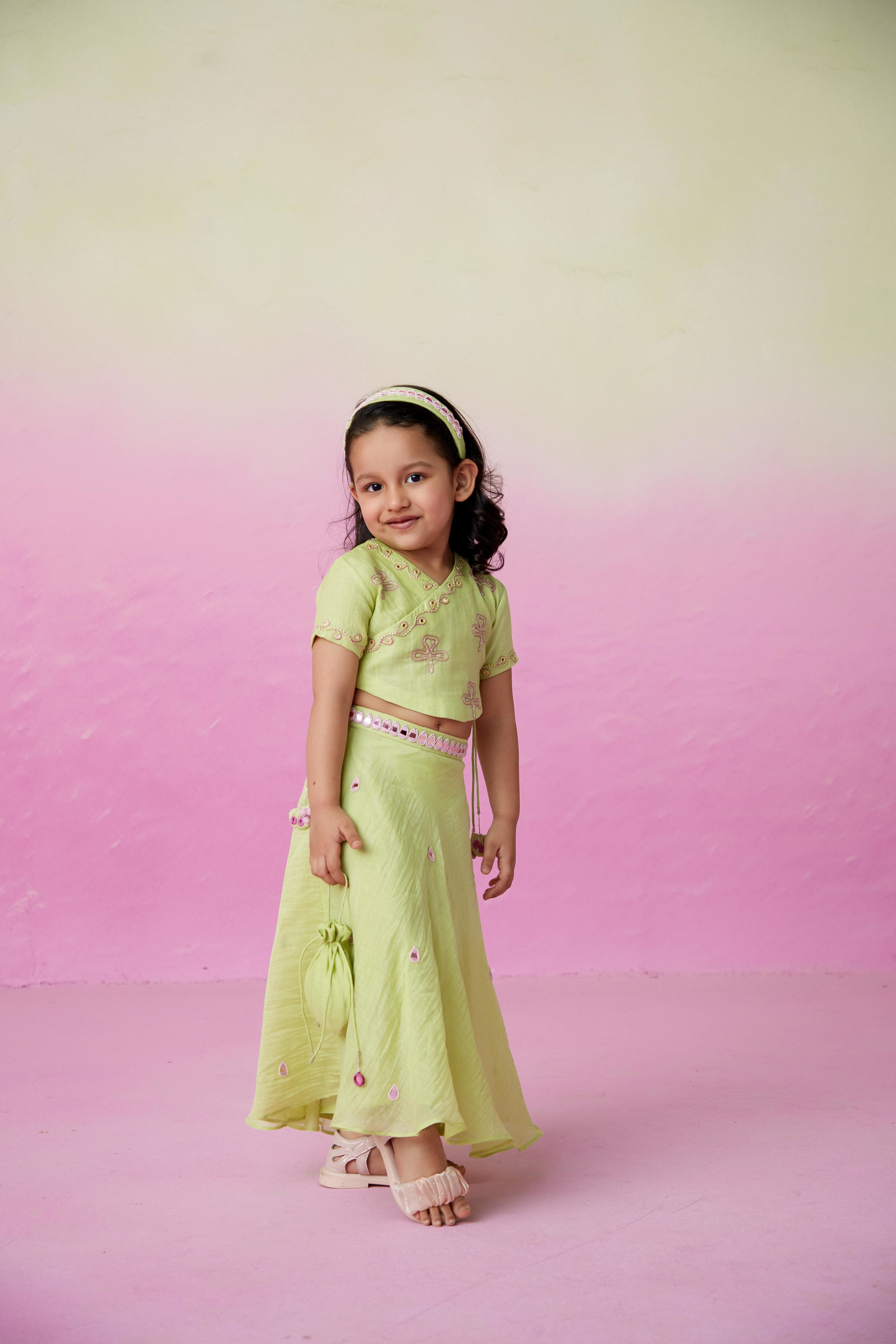 Lime Hand embroidered Crop top, Skirt and Dupatta set for Girls