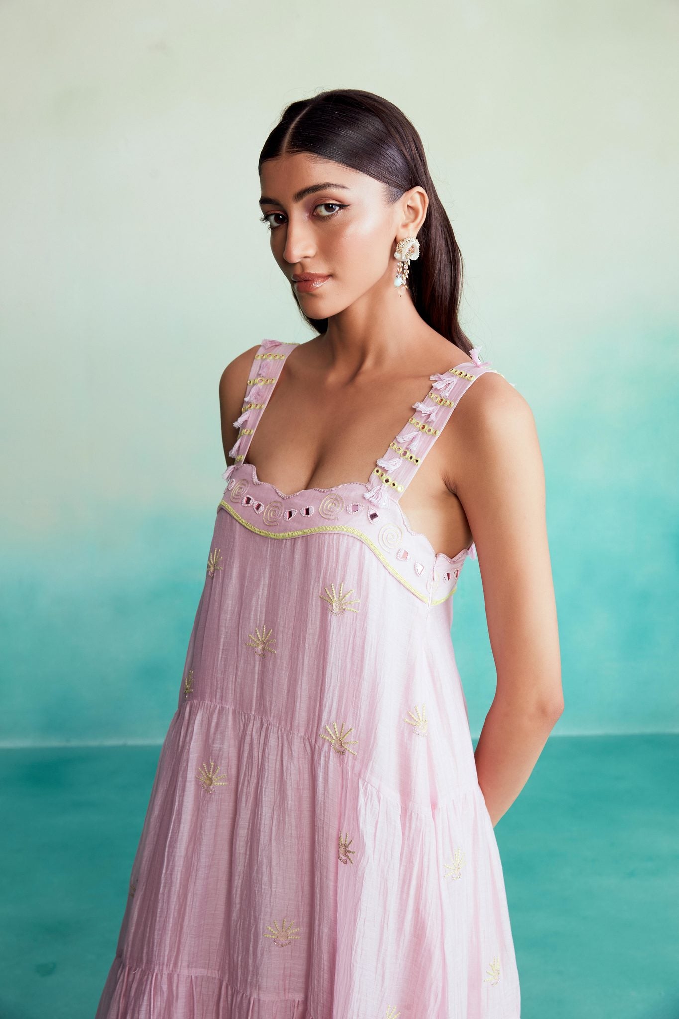 Orchid Pink Hand embroidered layered gathered Dress