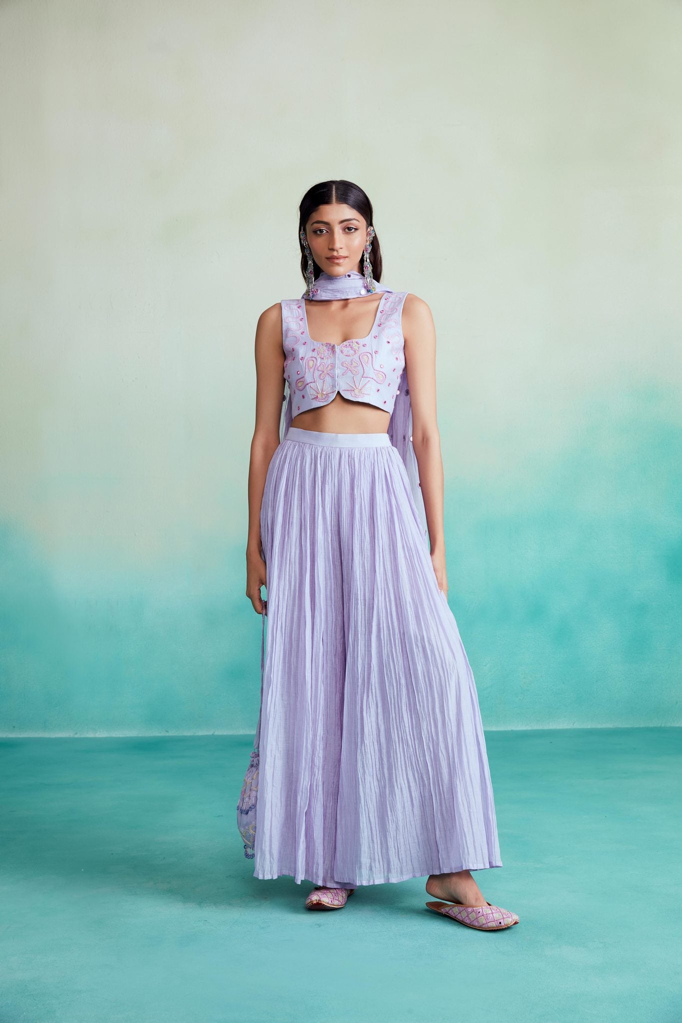 Lavender Hand embroidered Crop-top and Sharara set