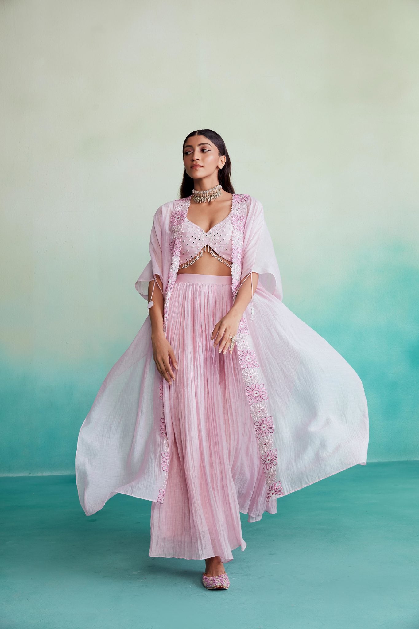 Orchid Pink Hand embroidered Jacket Crop-top & Sharara set