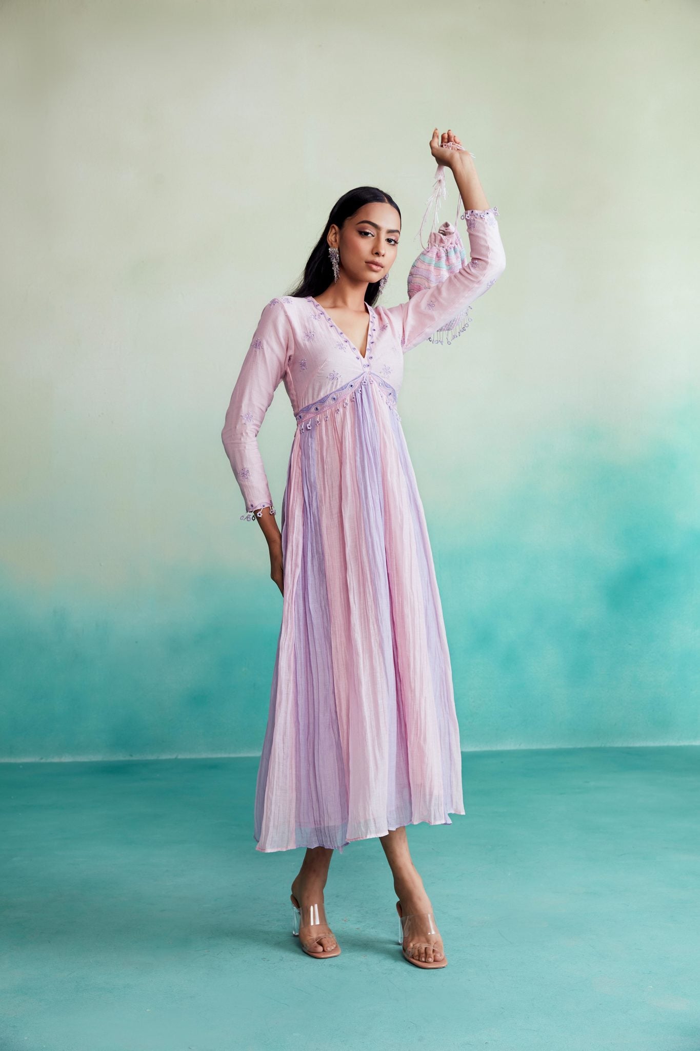 Orchid Pink & Lavender pleated hand embroidered Dress