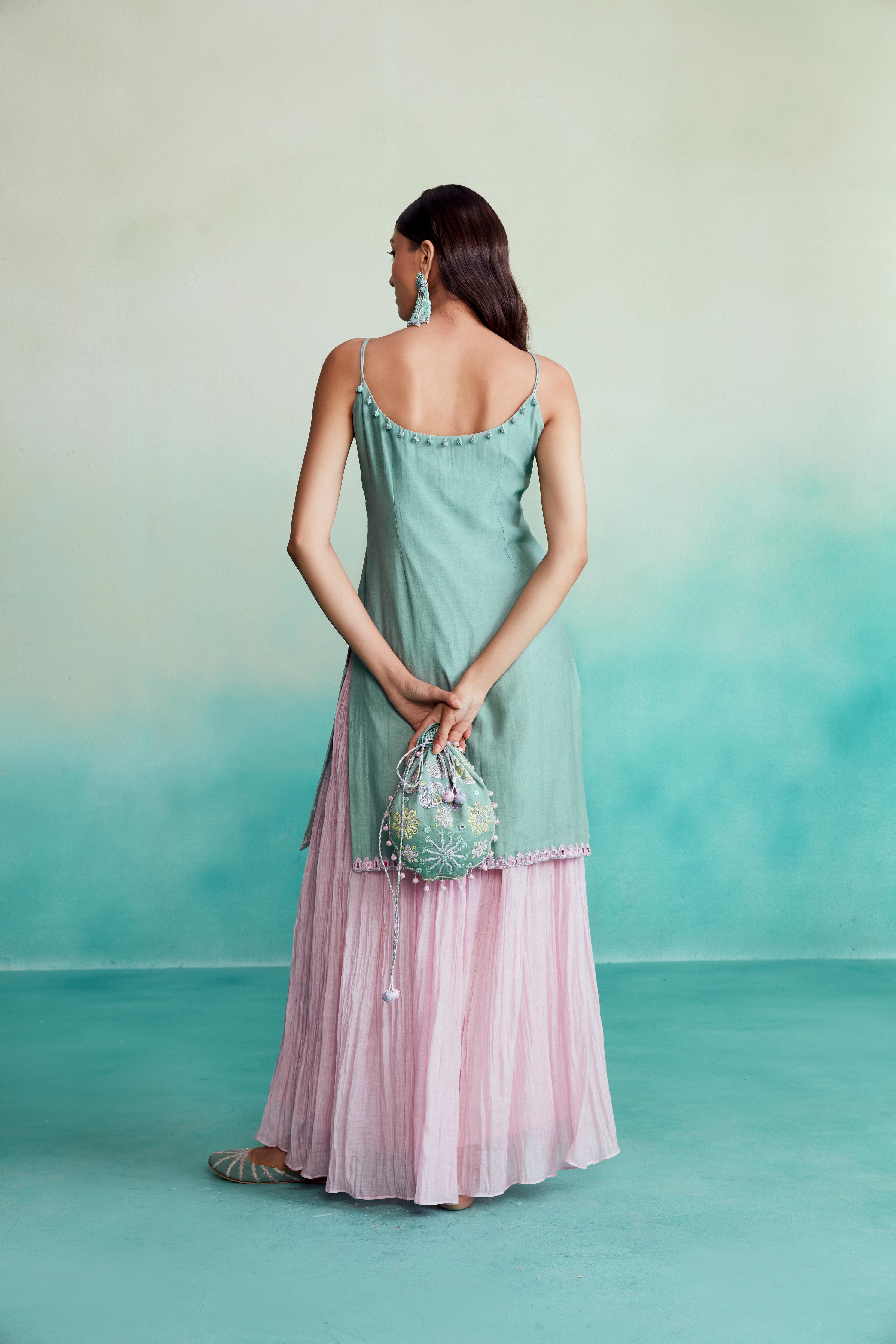 Mint Hand Embroidered Kurta with Orchid Pink gathered Skirt
