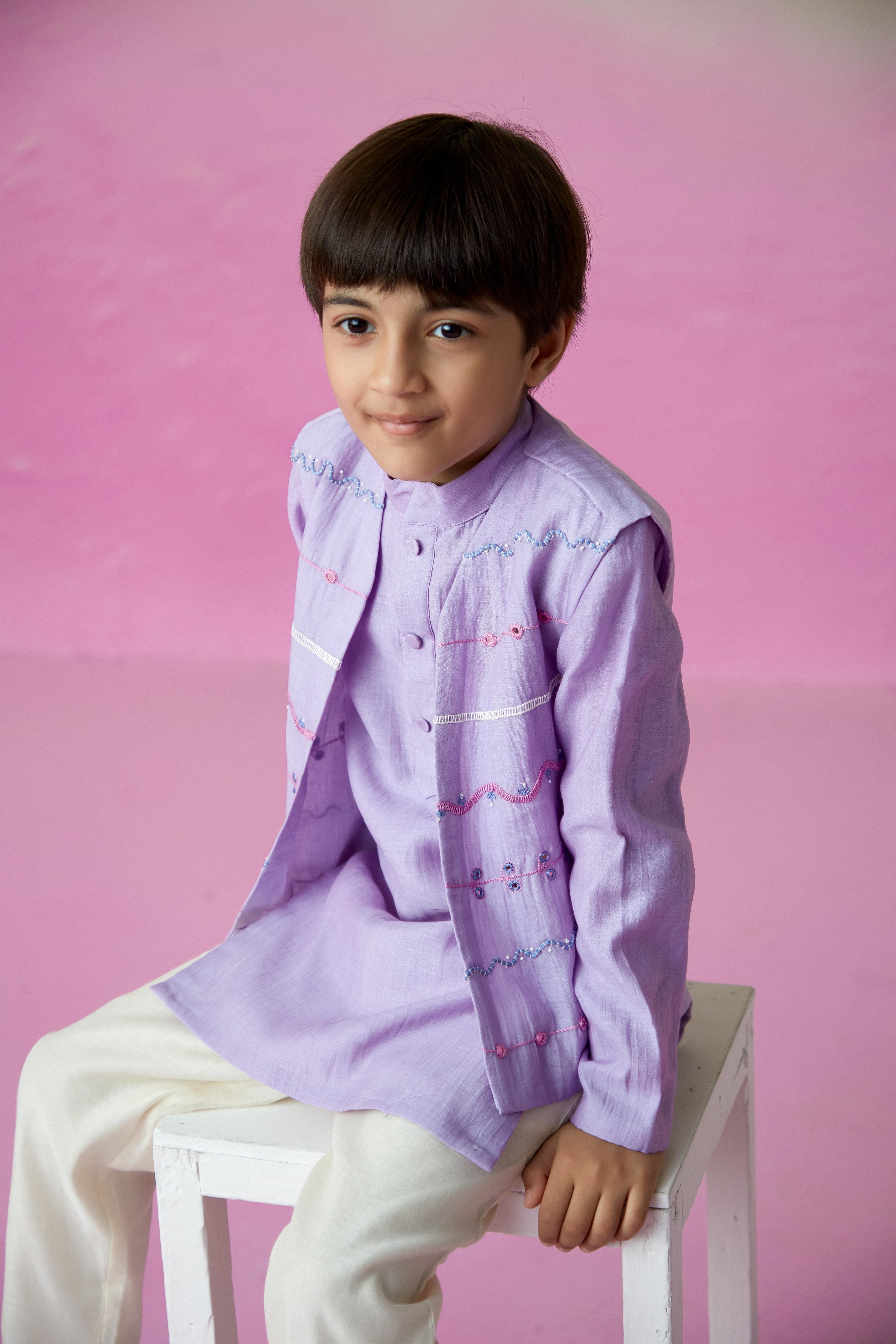 Digital Lavender Hand embroidered Kurta Jacket & Pants set for Boys