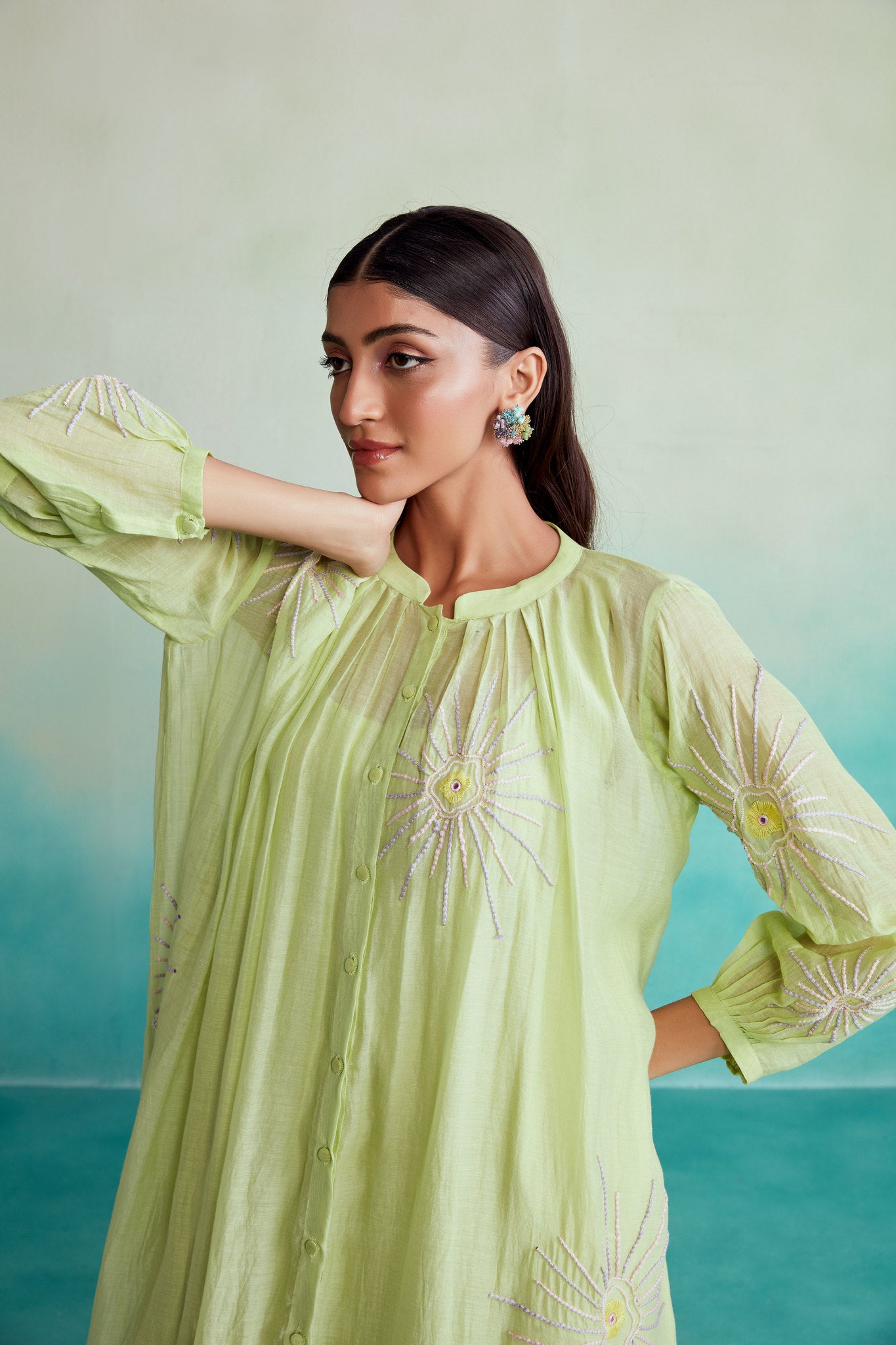 Lime Hand embroidered oversized Dress