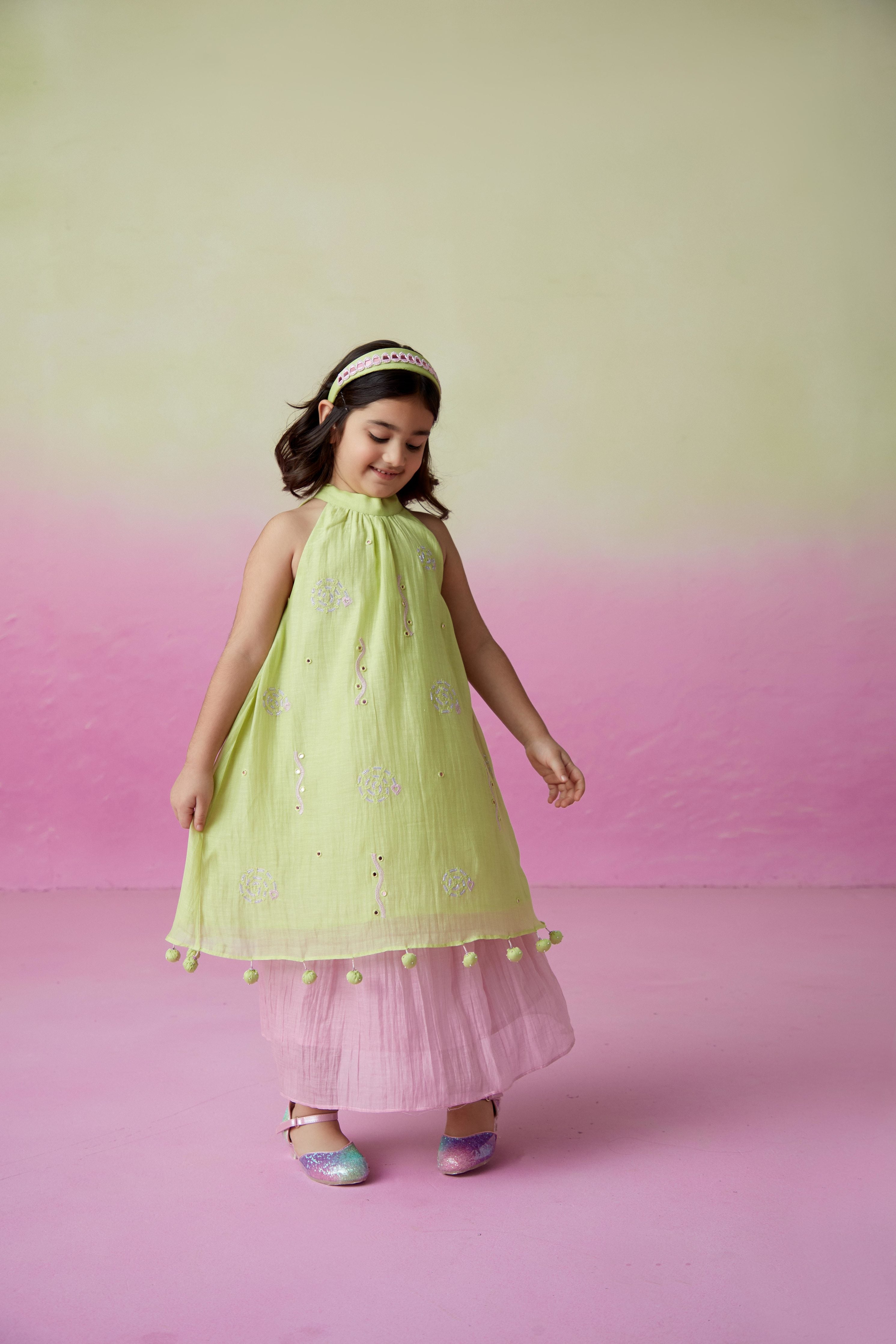 Lime Hand embroidered Kurta and Skirt set for Girls