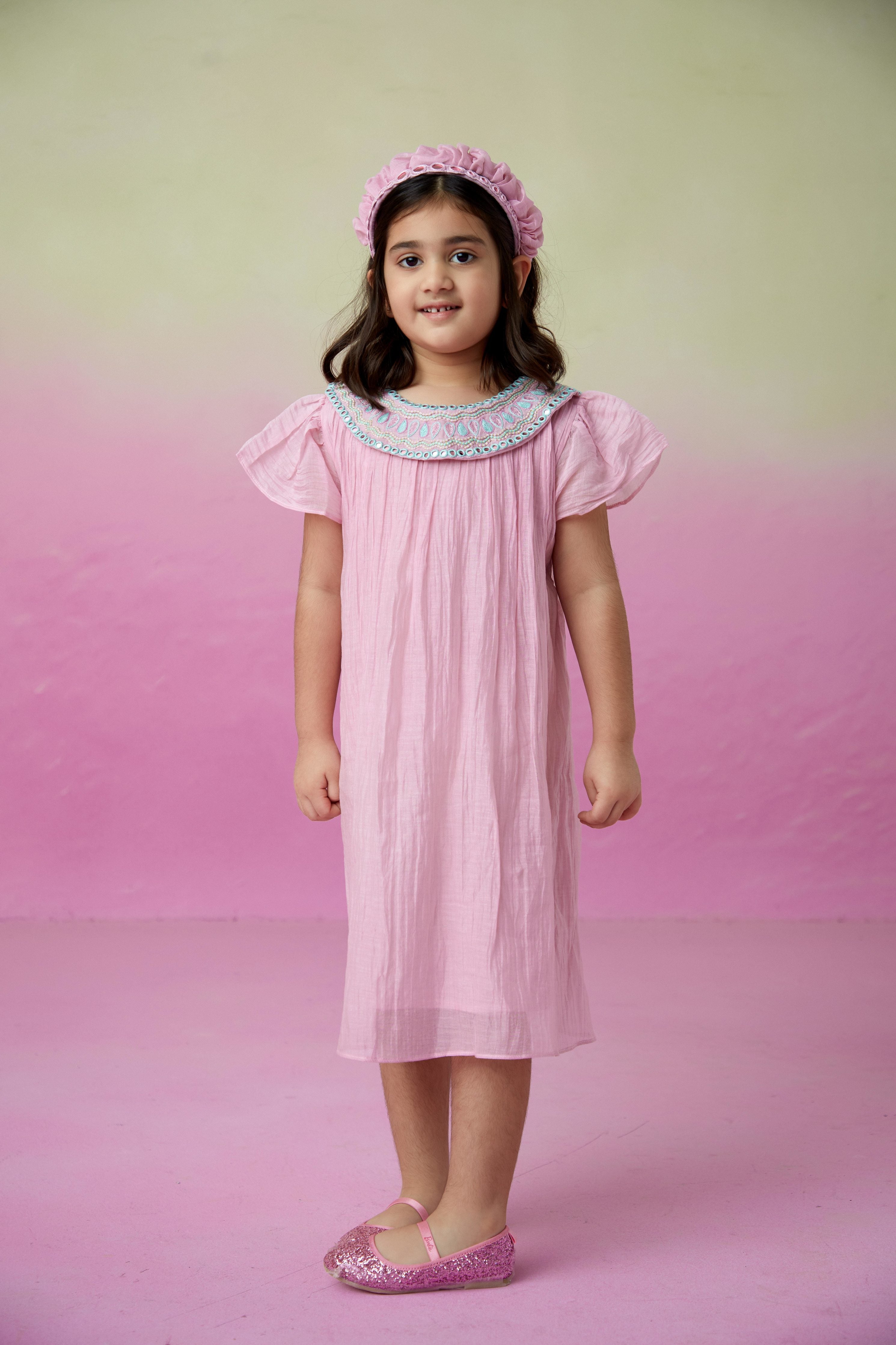 Orchid Pink Hand embroidered Collar Dress for Girls