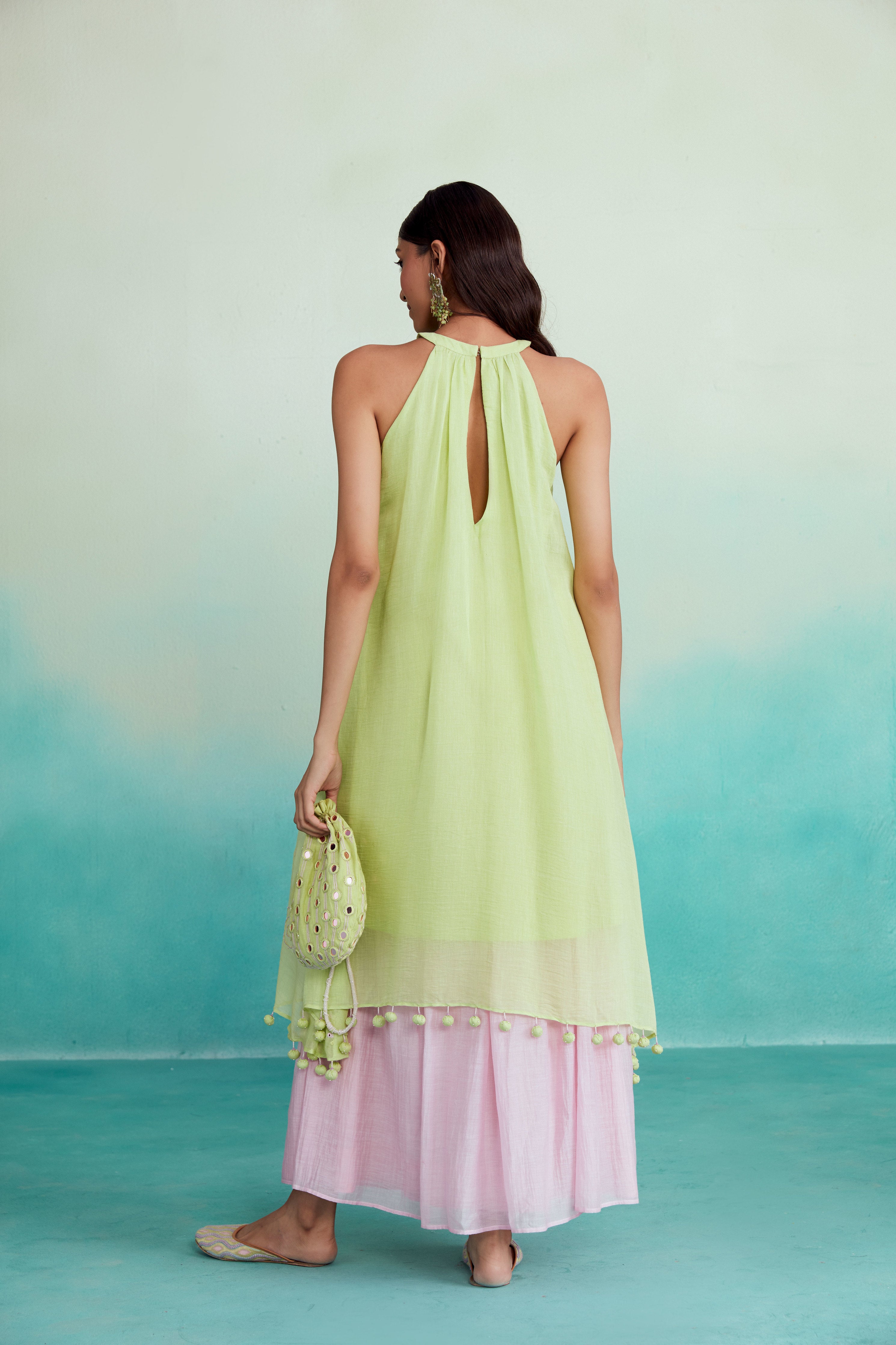 Lime & Orchid Pink Hand embroidered Kurta Skirt set
