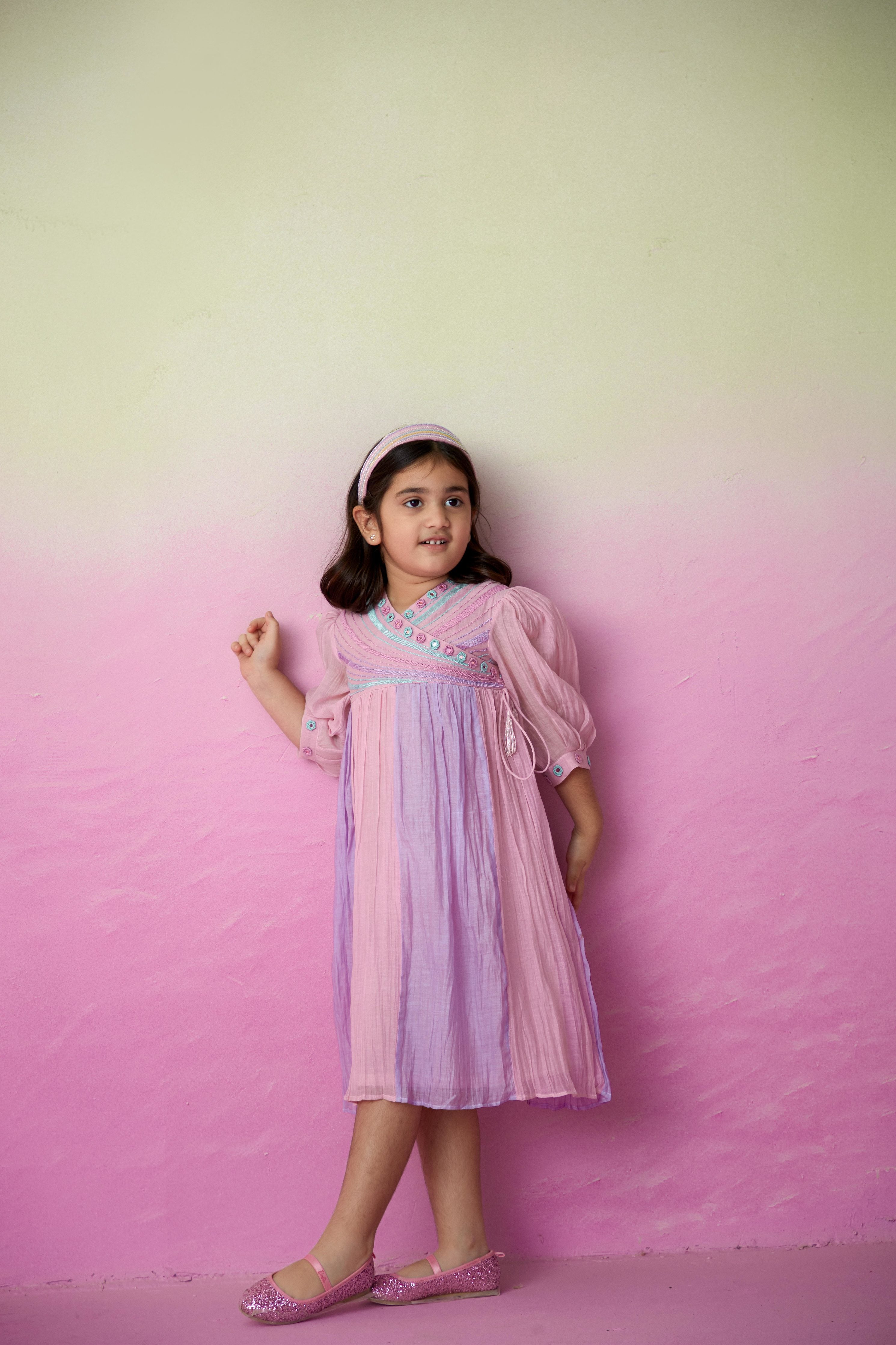 Orchid Pink Lavender Hand embroidered gathered Dress for Girls