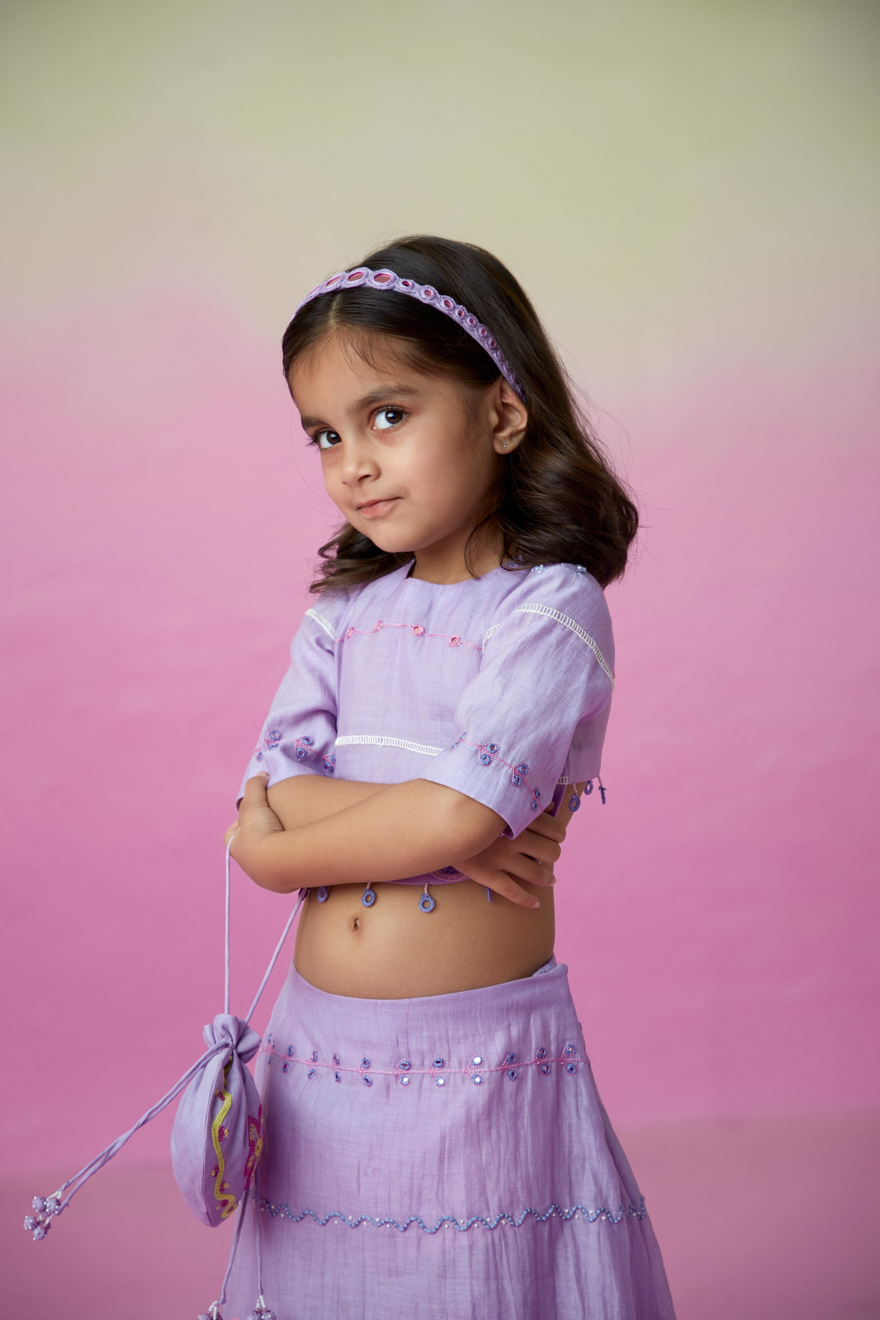 Digital Lavender Hand embroidered Crop top and Skirt set for Girls