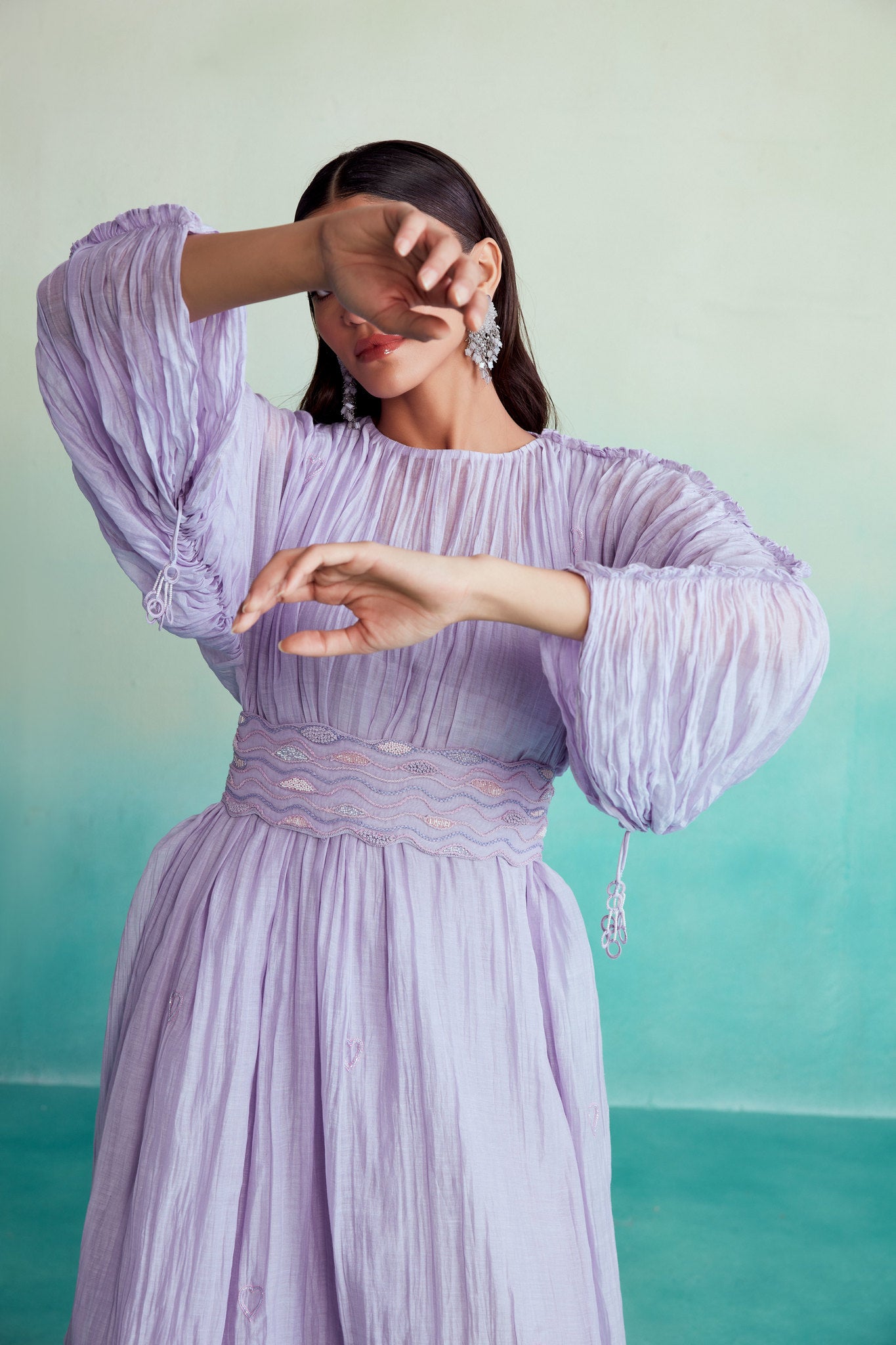 Lavender Hand embroidered Dress with Belt
