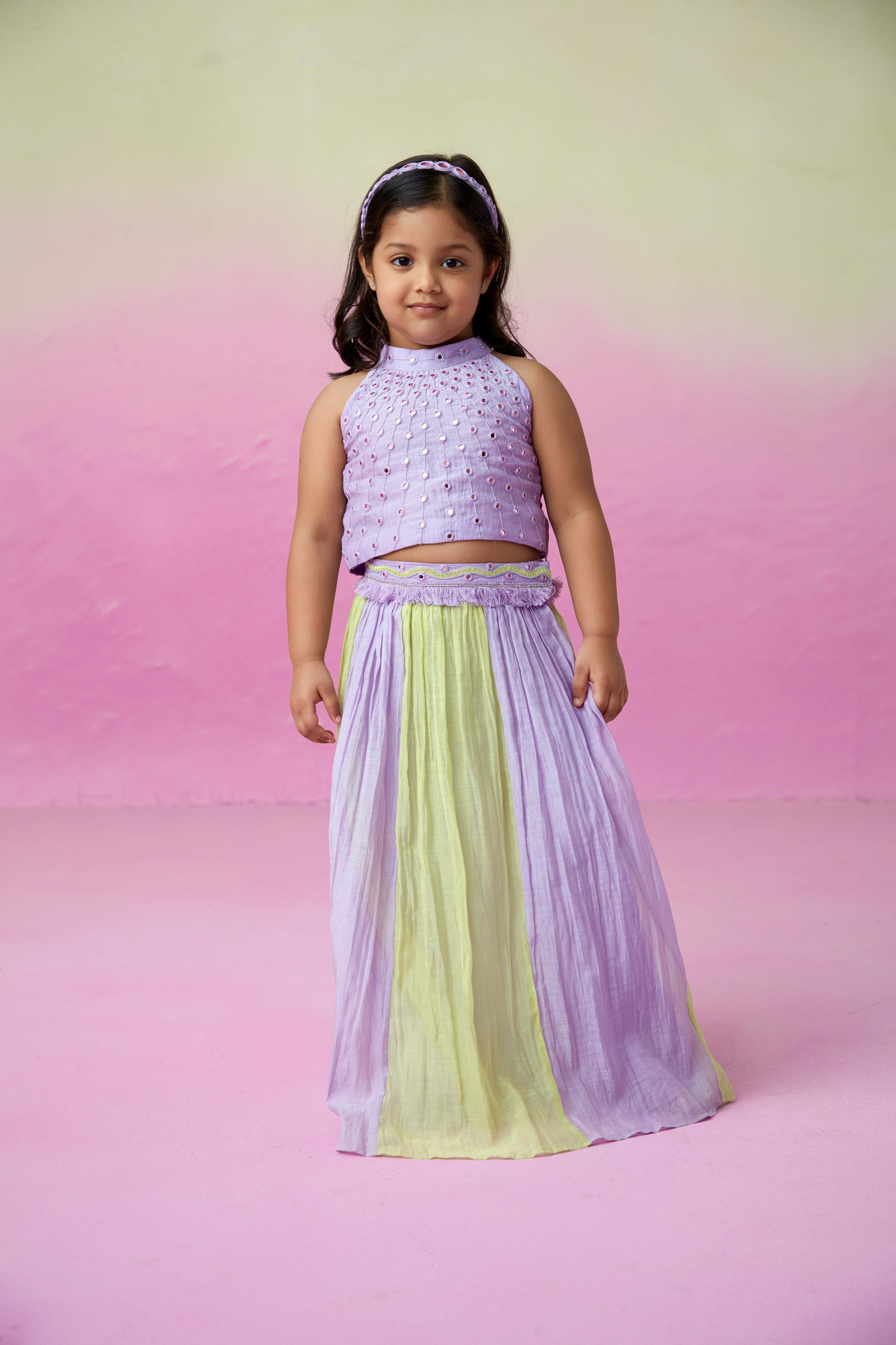 Digital Lavender & Lime Hand embroidered Skirt Top set for Girls