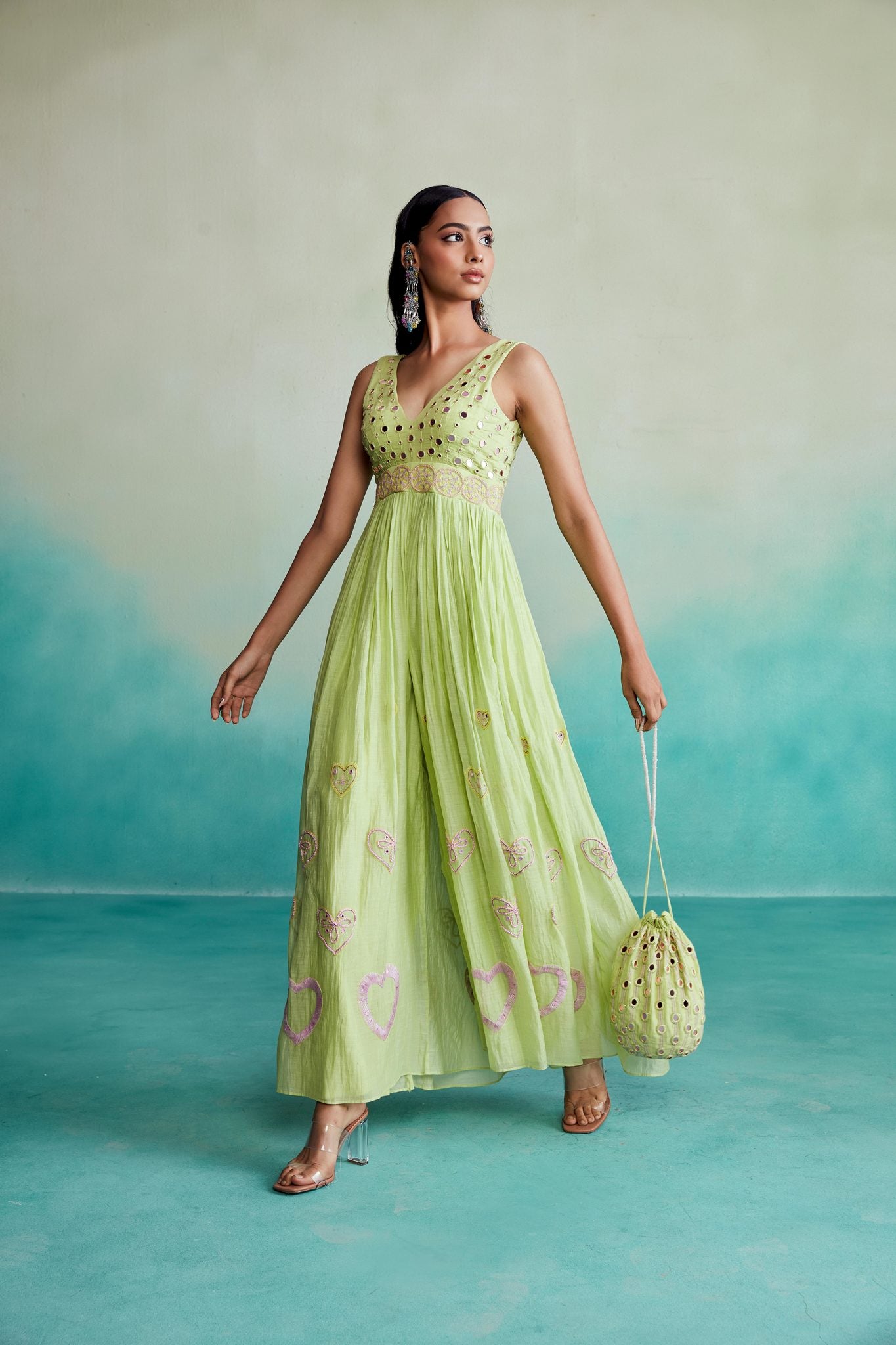 Lime Hand embroidered gathered Jumpsuit