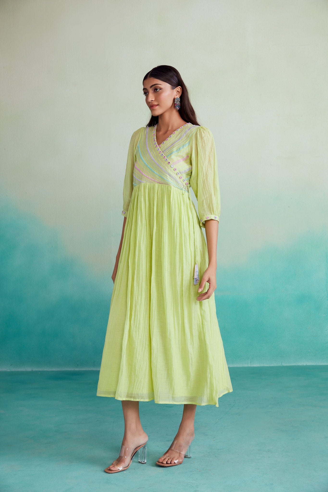 Lime Hand embroidered gathered Dress