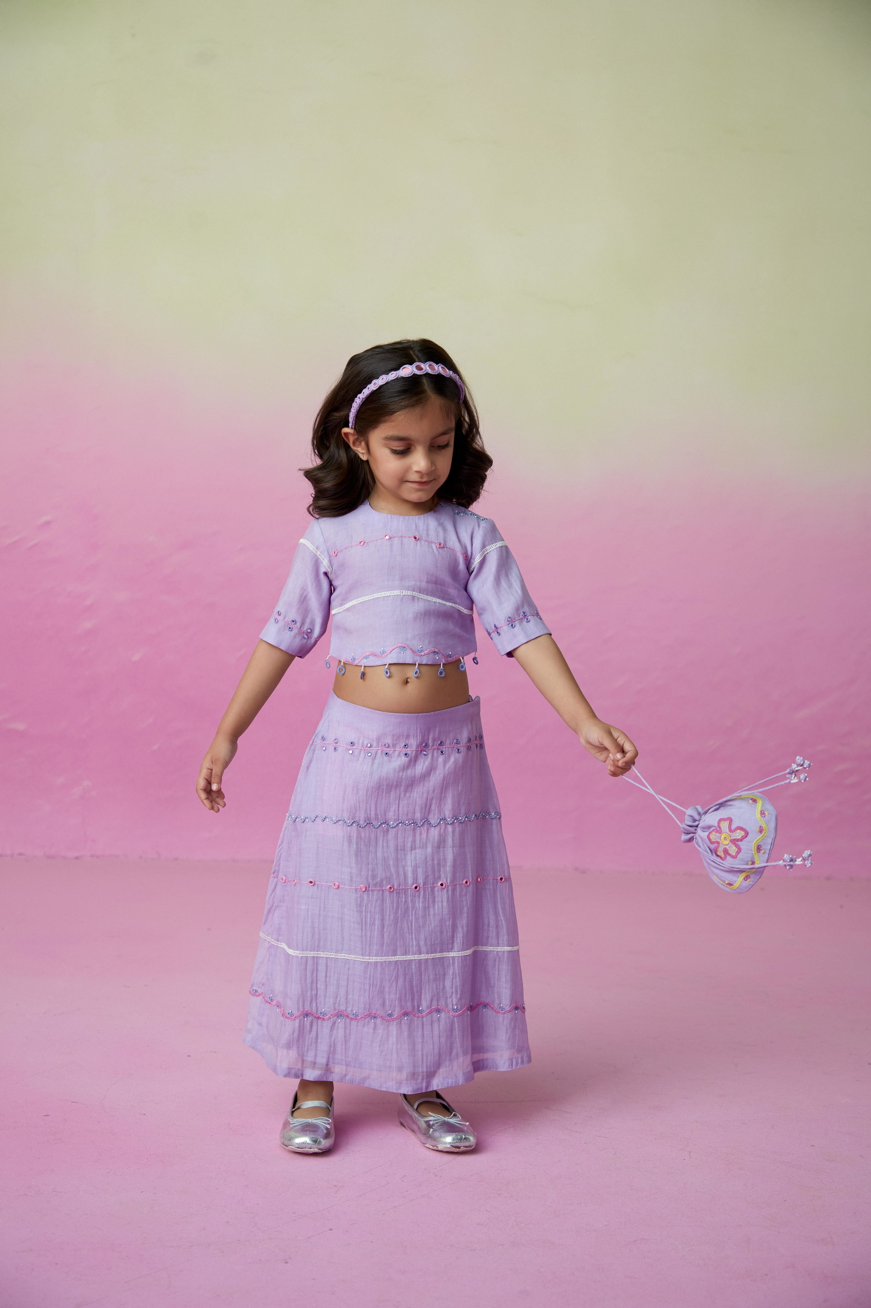 Digital Lavender Hand embroidered Crop top and Skirt set for Girls