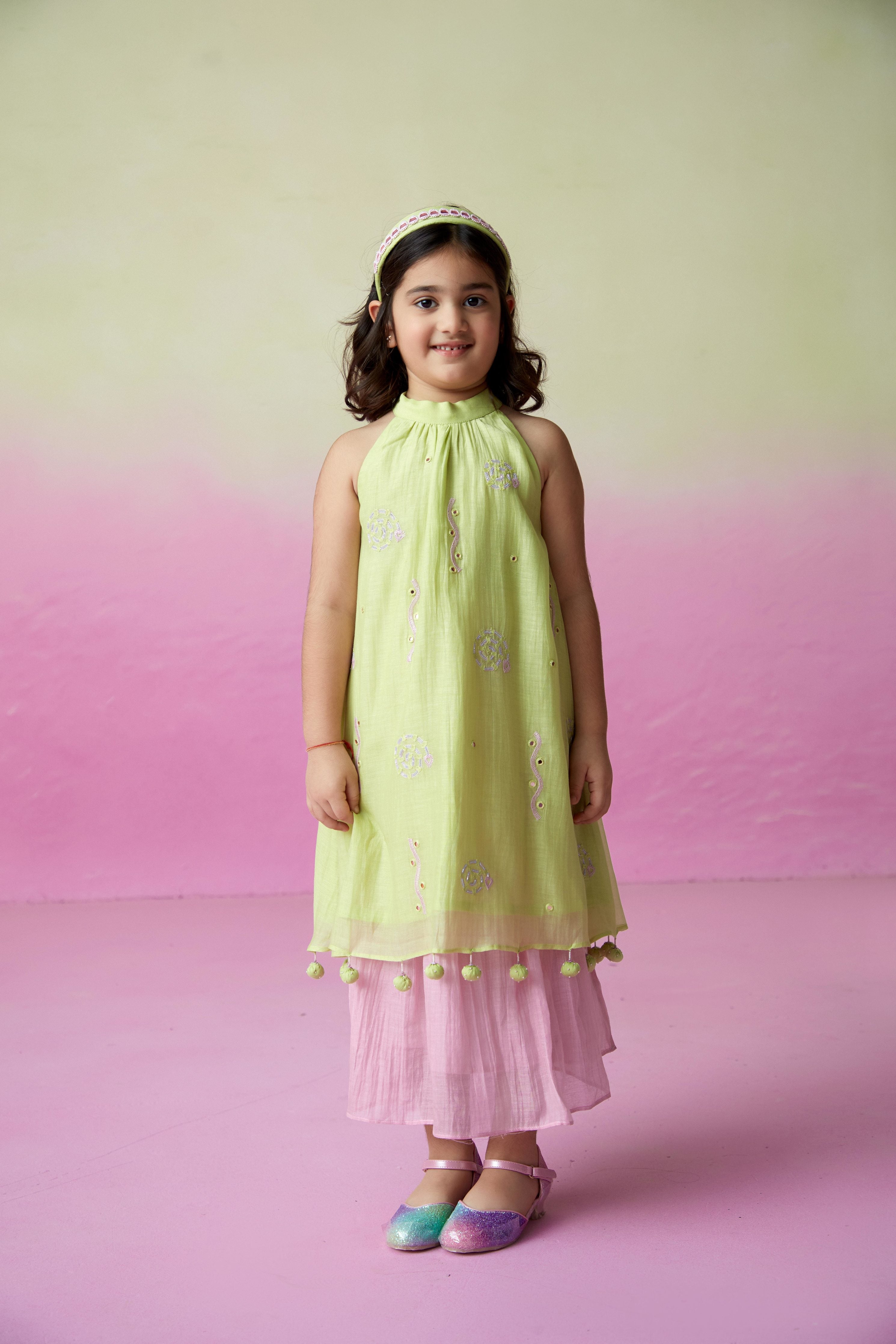 Lime Hand embroidered Kurta and Skirt set for Girls