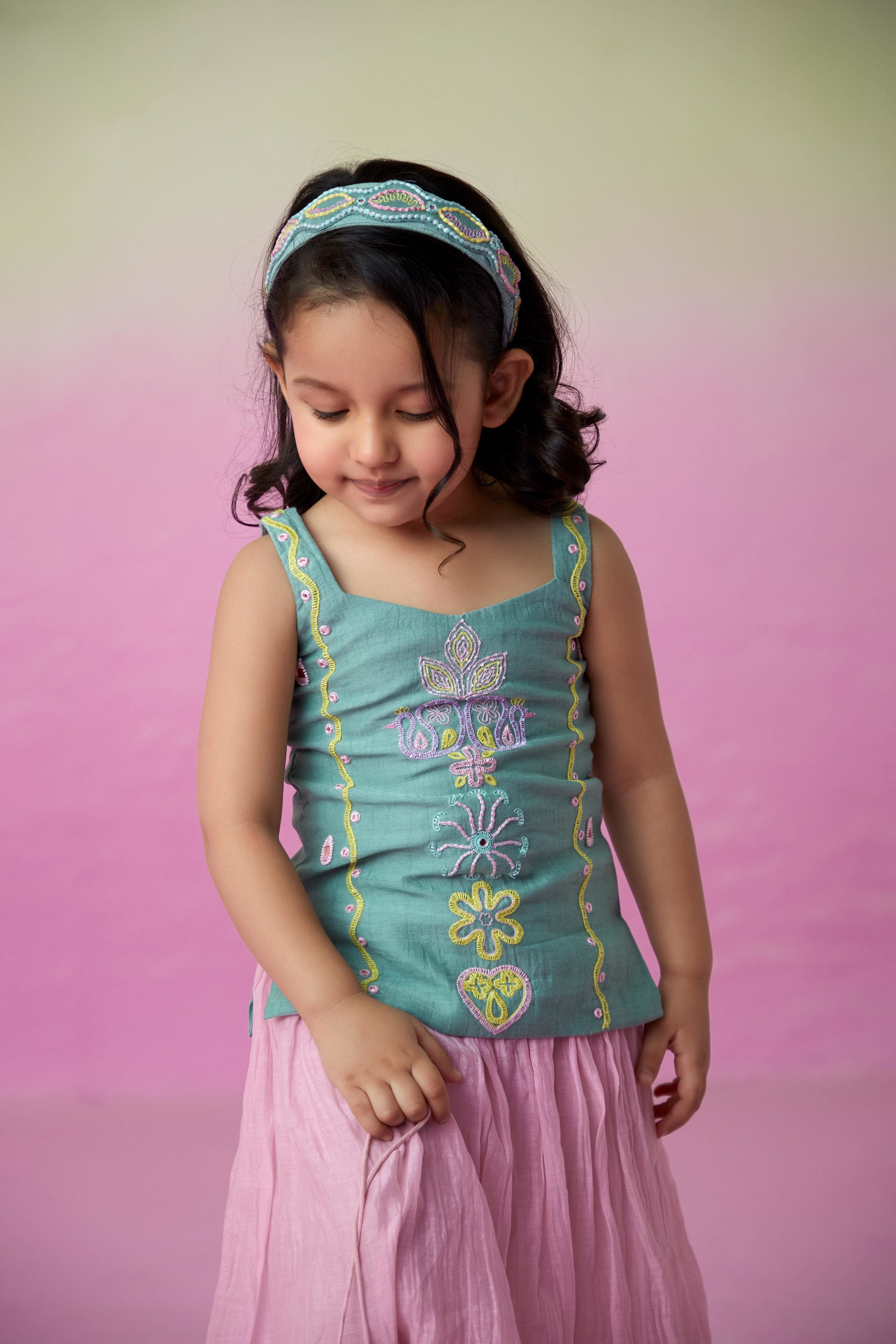 Mint Hand embroidered Kurta with orchid pink gathered Skirt for Girls