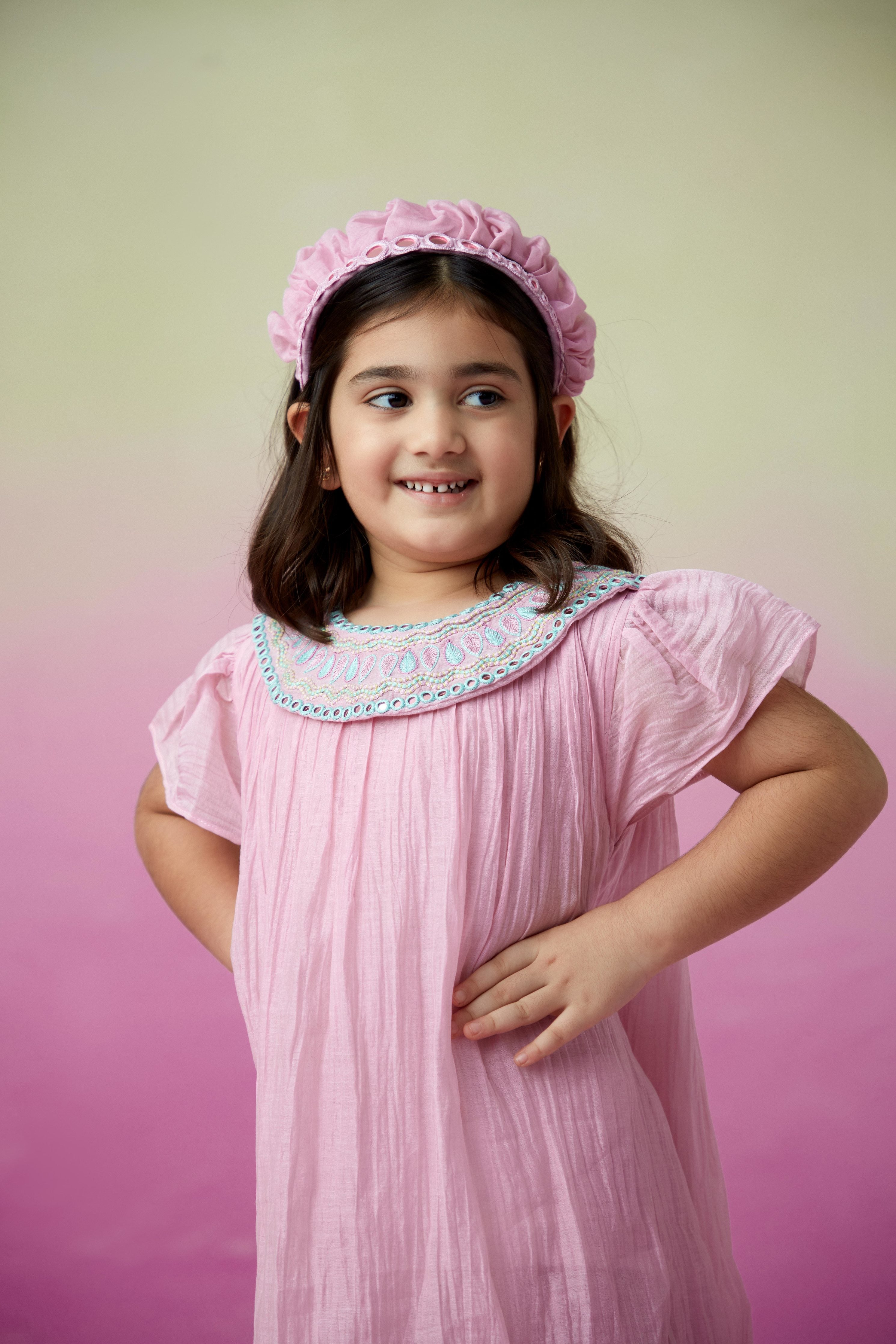 Orchid Pink Hand embroidered Collar Dress for Girls