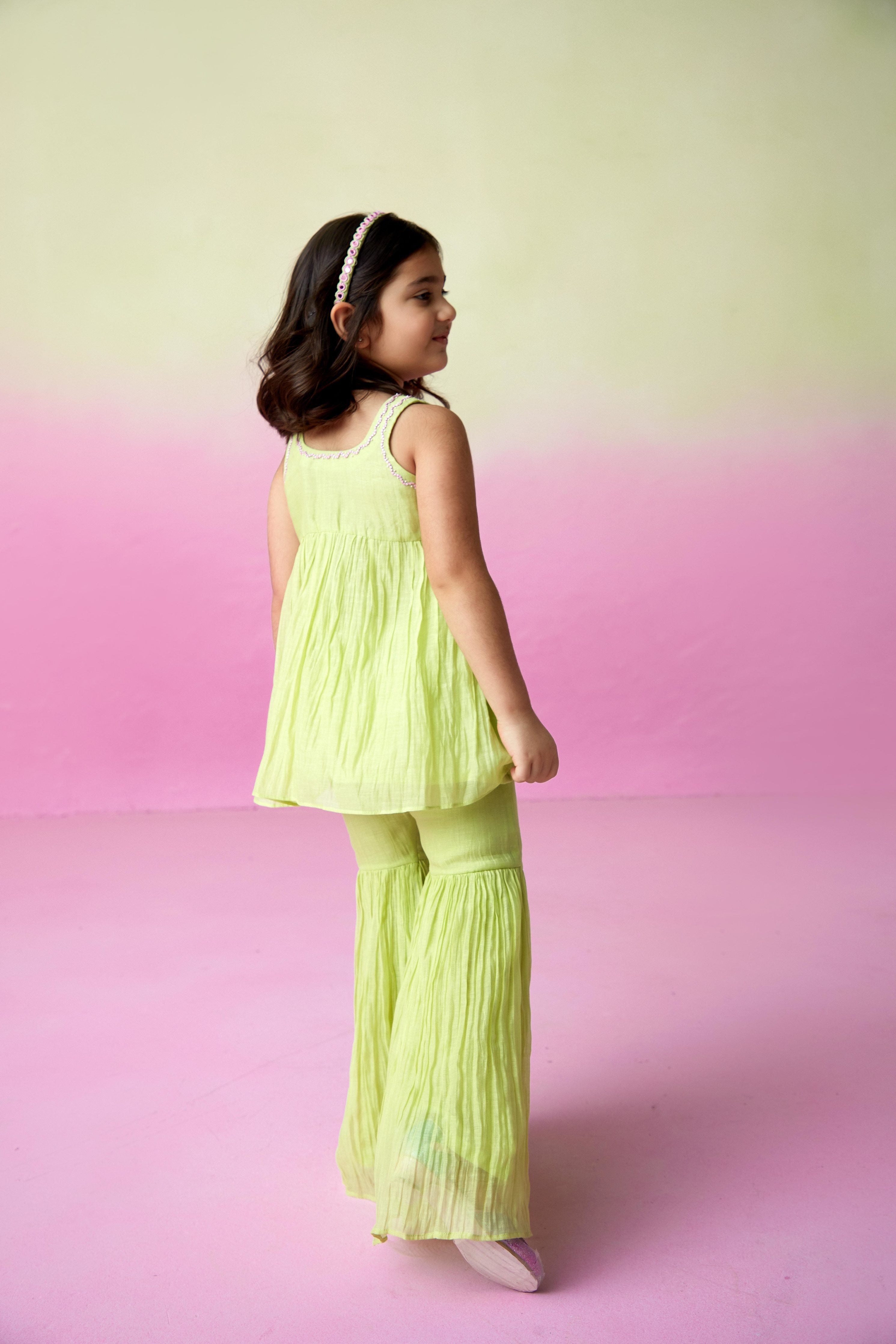 Lime Hand embroidered Kurta Sharara set for Girls