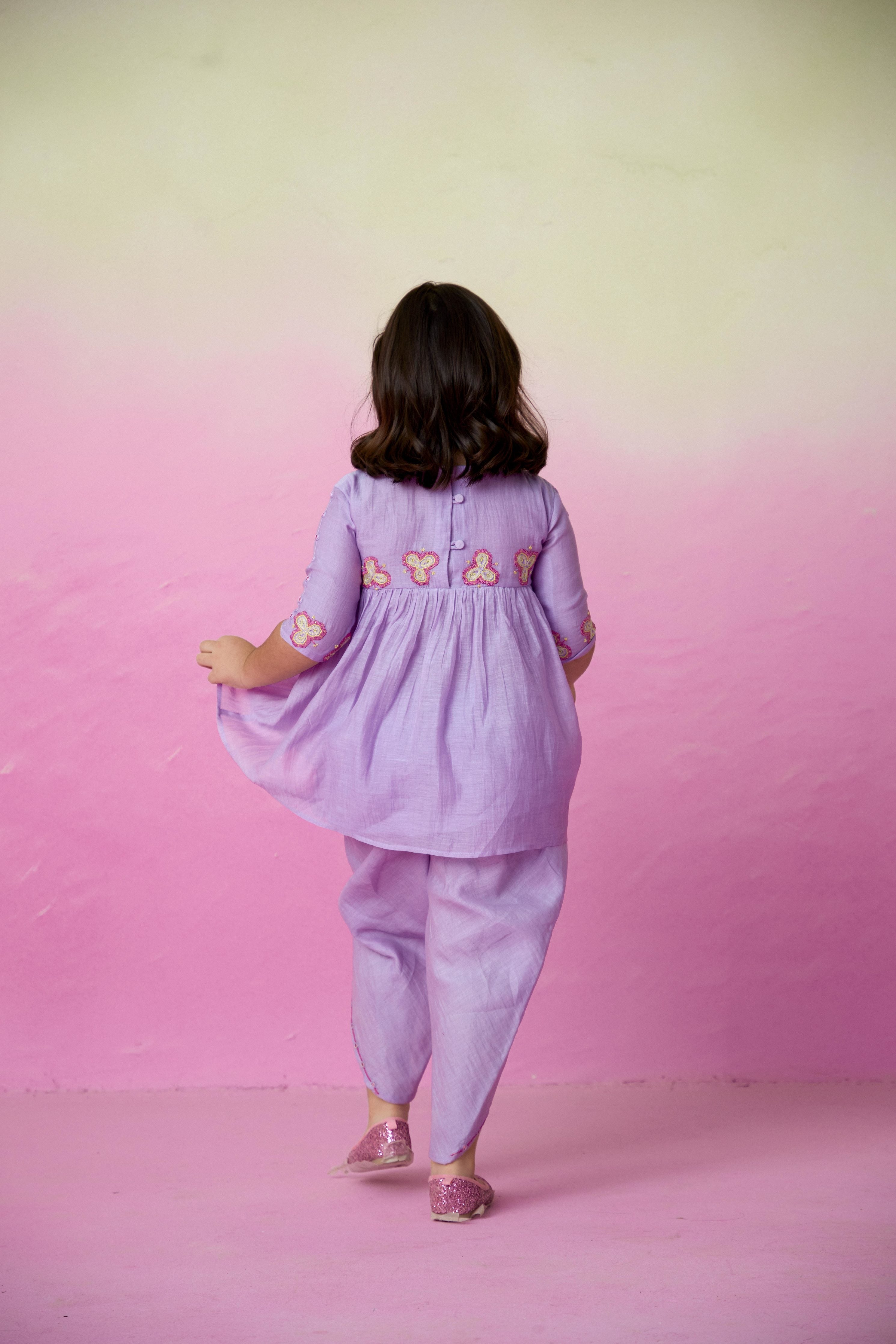 Digital Lavender hand embroidered Kurta-Tulip Pants set for Girls