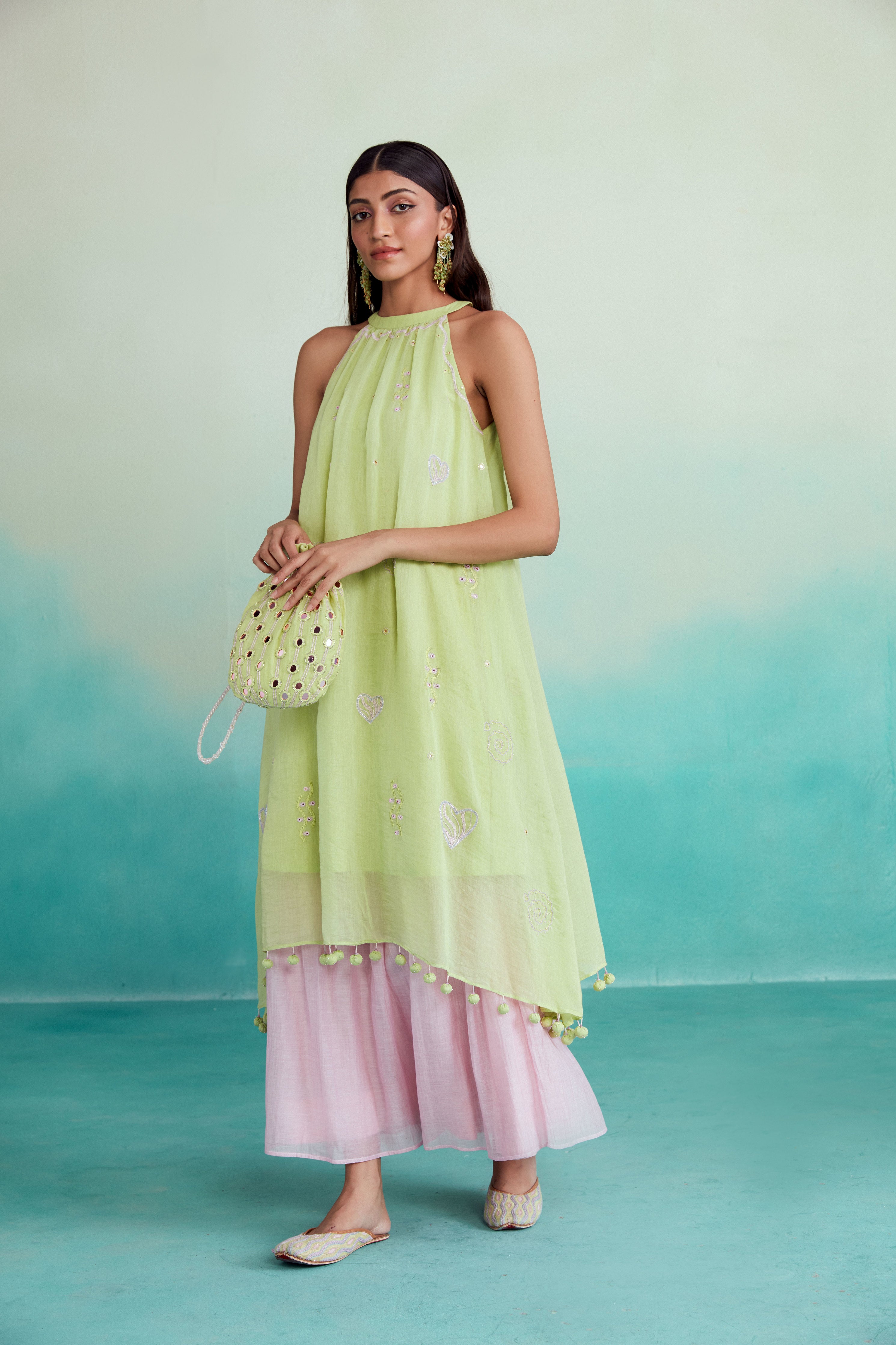 Lime & Orchid Pink Hand embroidered Kurta Skirt set