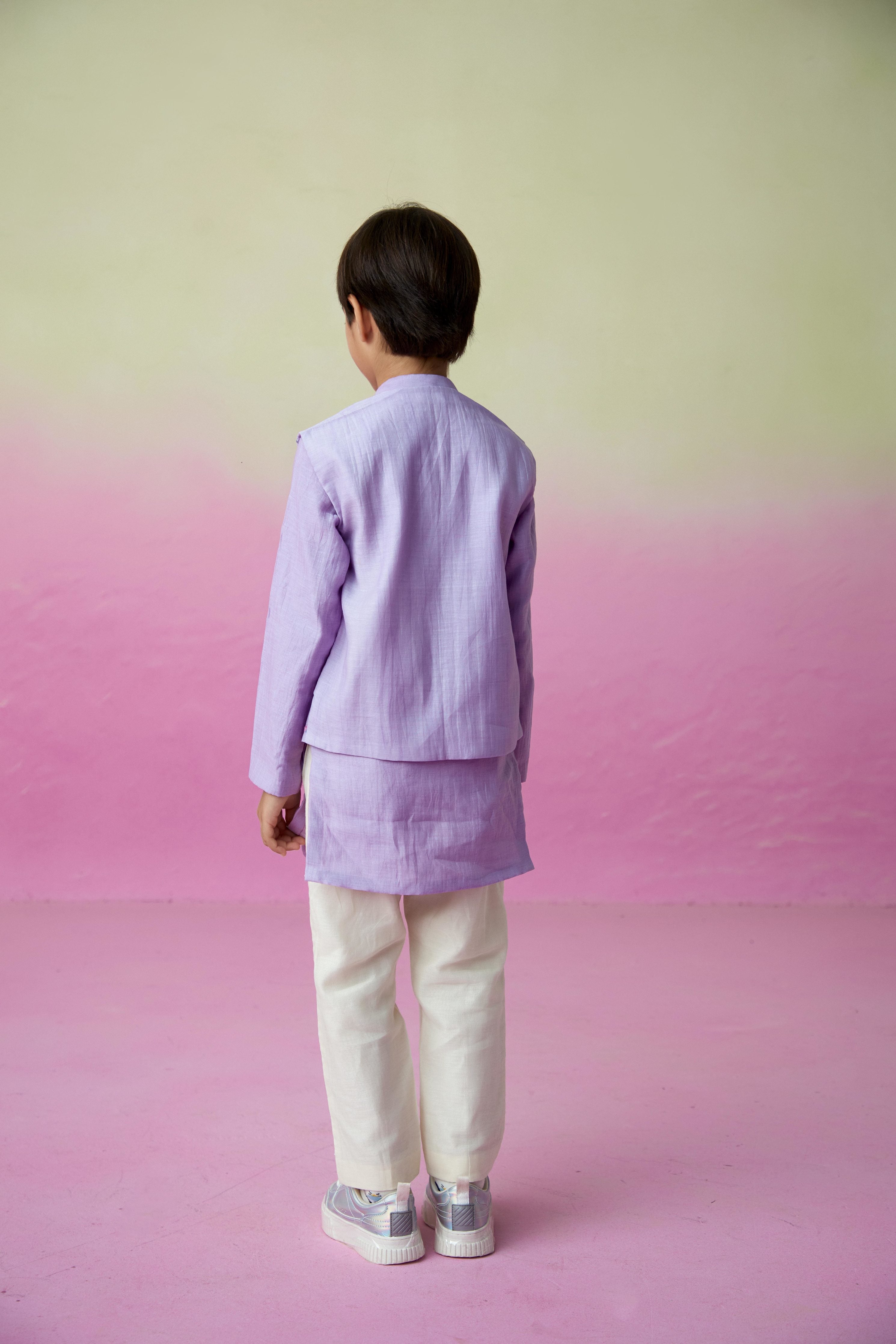 Digital Lavender Hand embroidered Kurta Jacket & Pants set for Boys