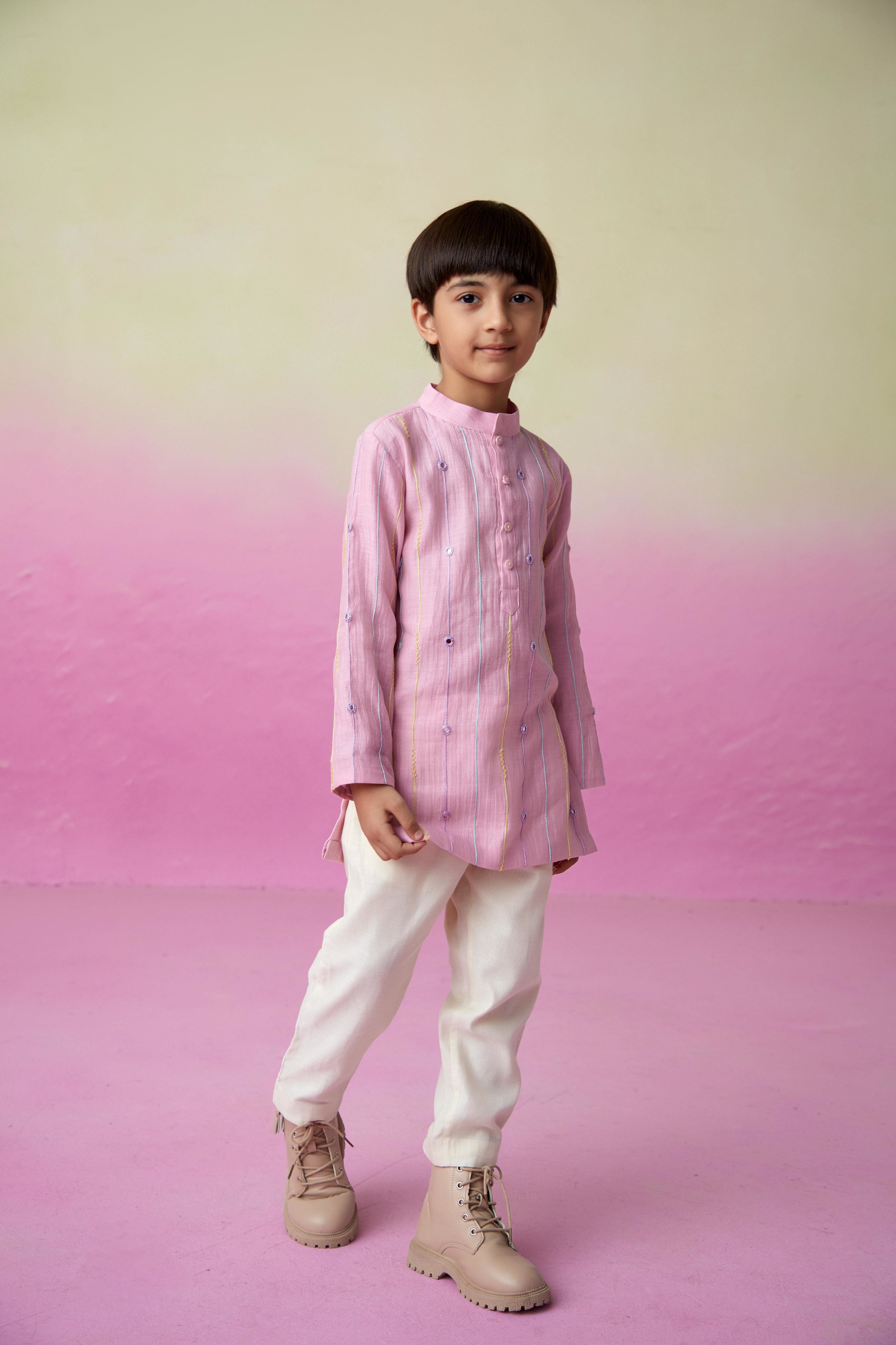 Orchid Pink Hand embroidered Kurta & Pants set for Boys
