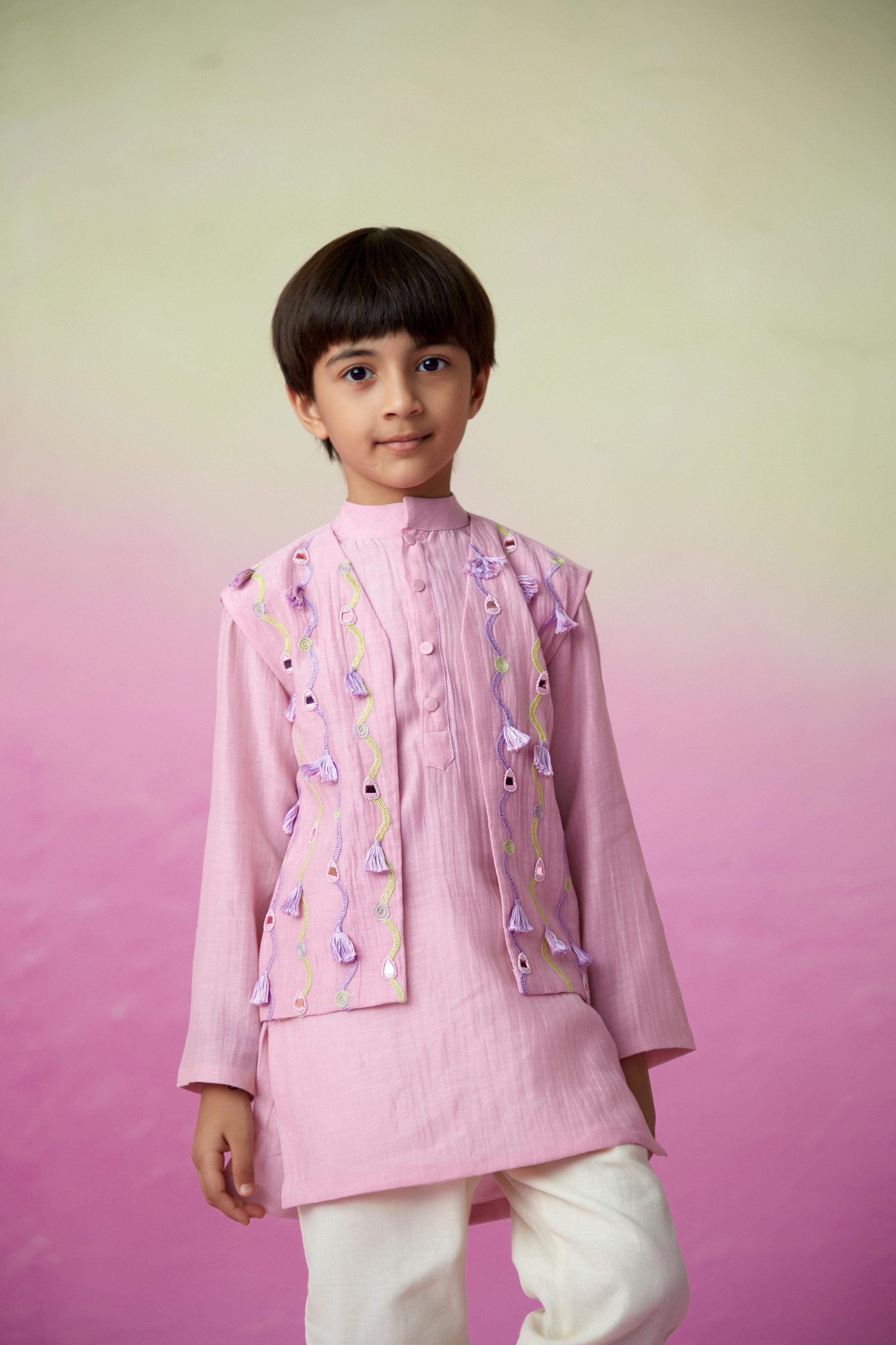 Orchid Pink Hand embroidered Kurta Jacket & Pants set for Boys