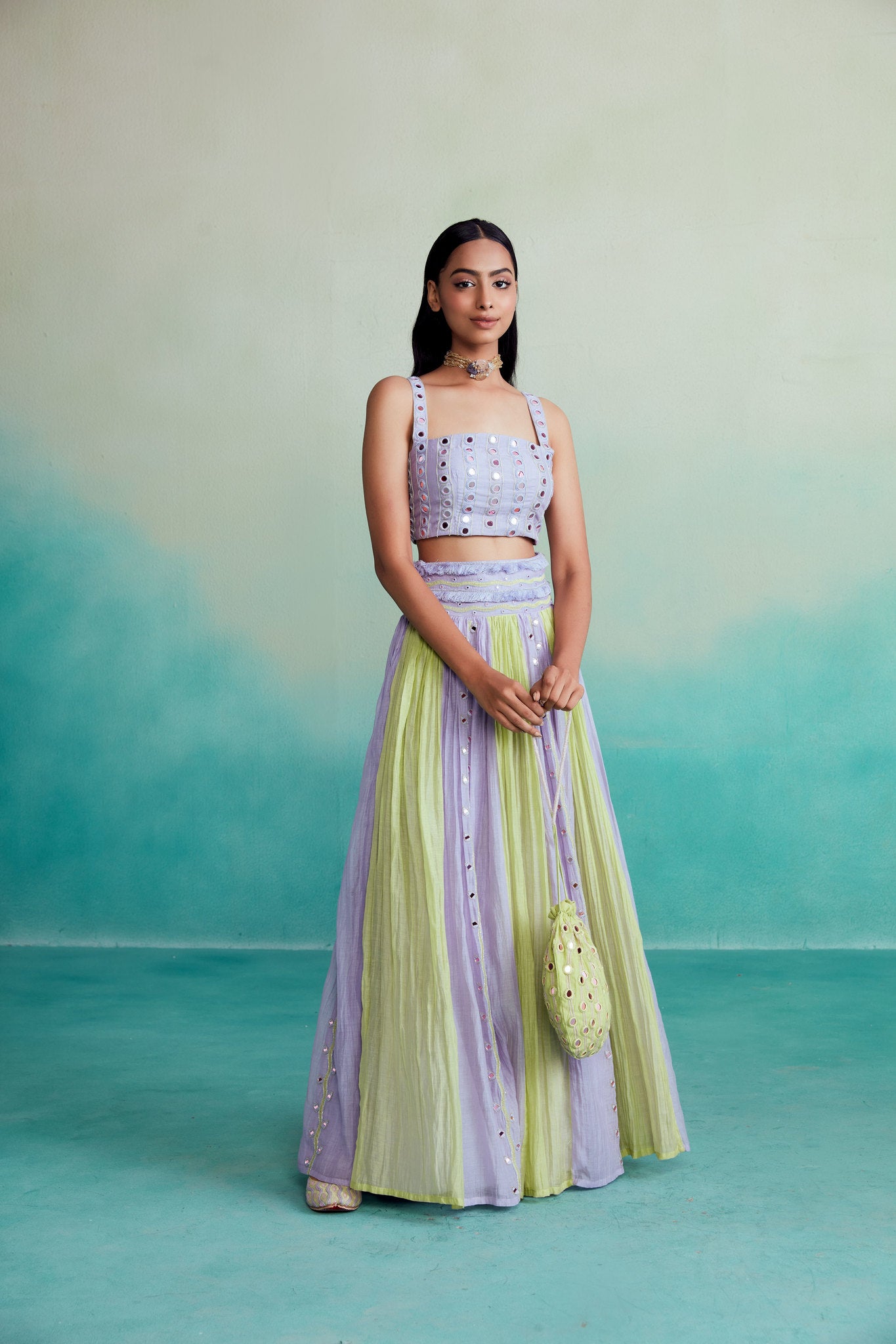 Lime & Lavender Hand embroidered pleated Skirt Top set