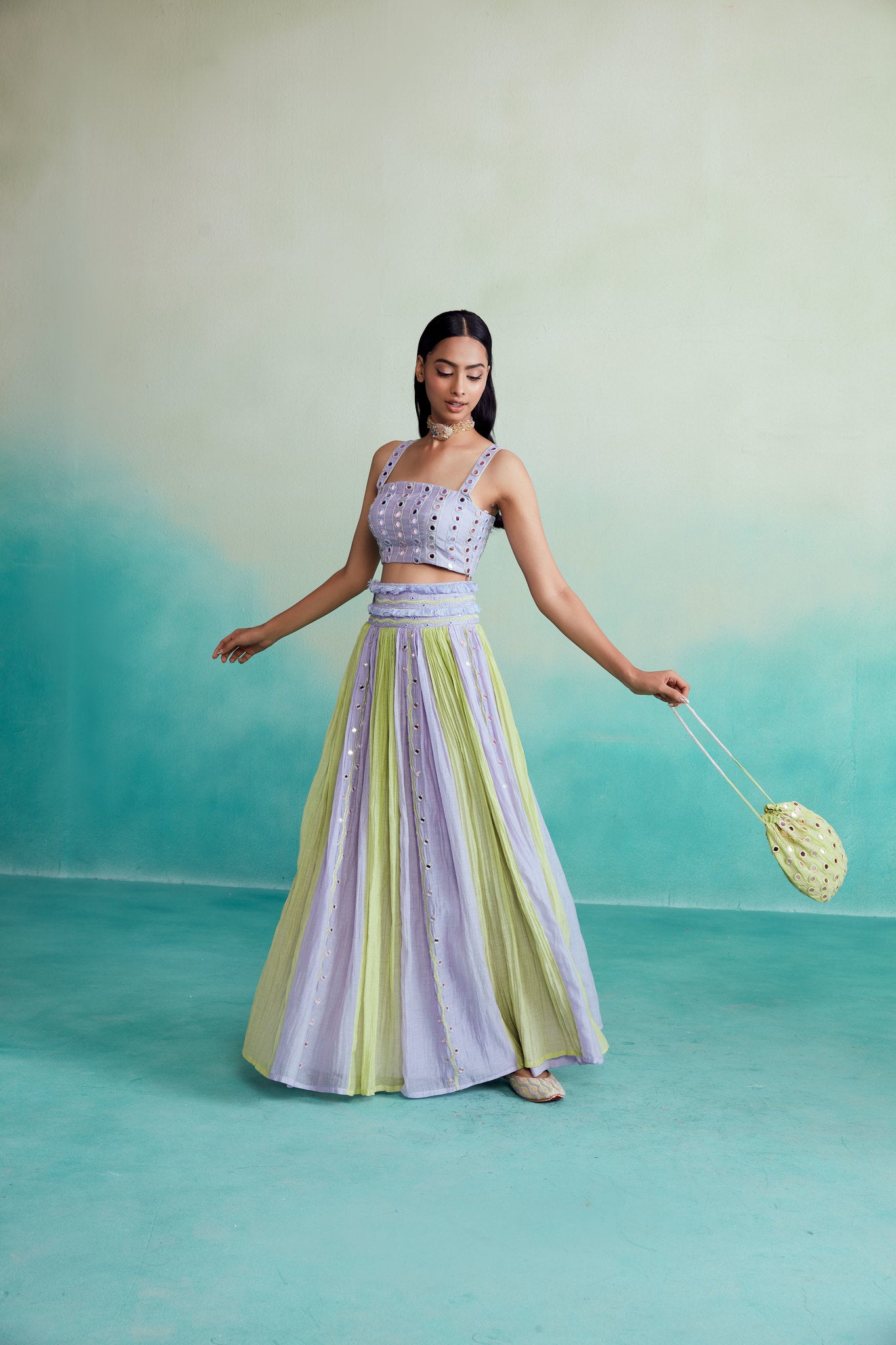 Lime & Lavender Hand embroidered pleated Skirt Top set