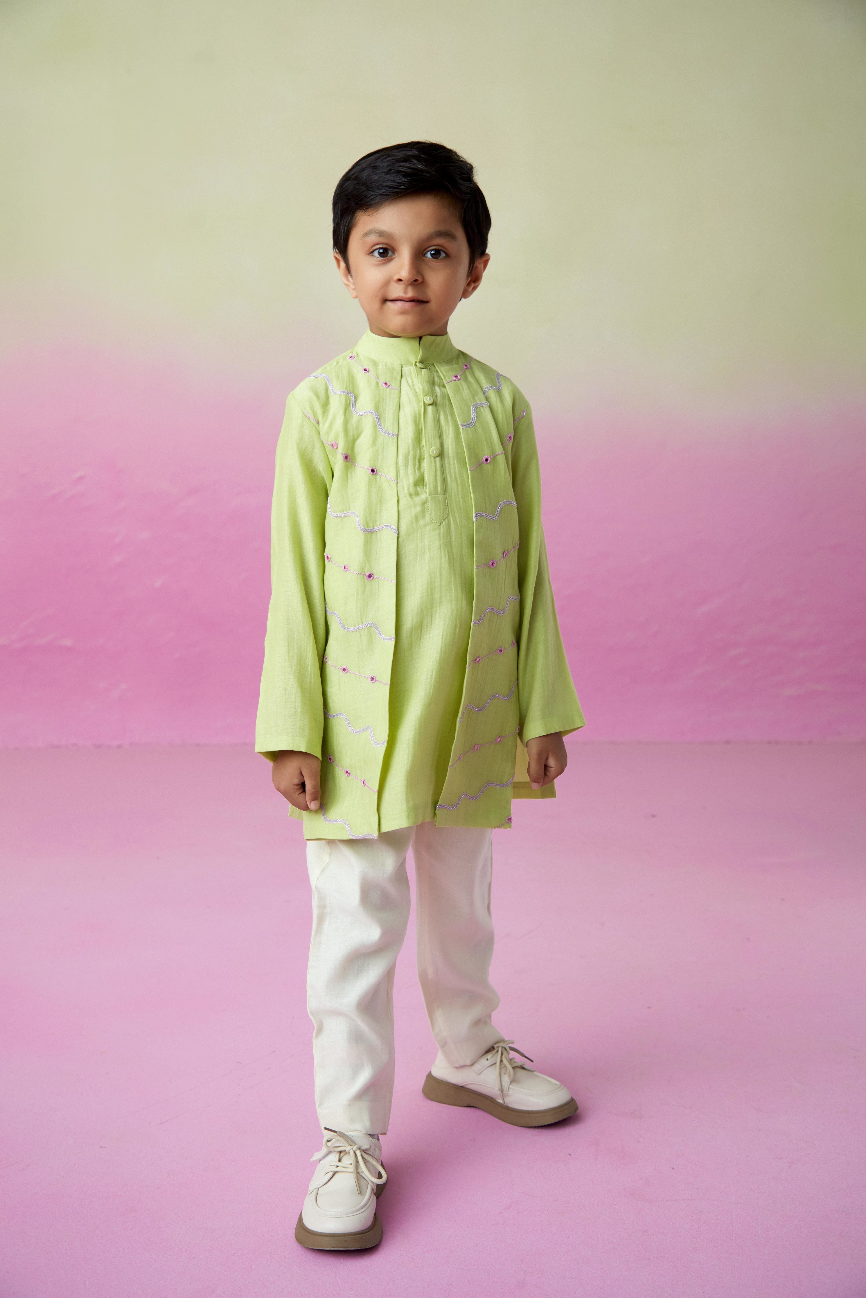 Lime Hand embroidered Kurta & Pants set for Boys