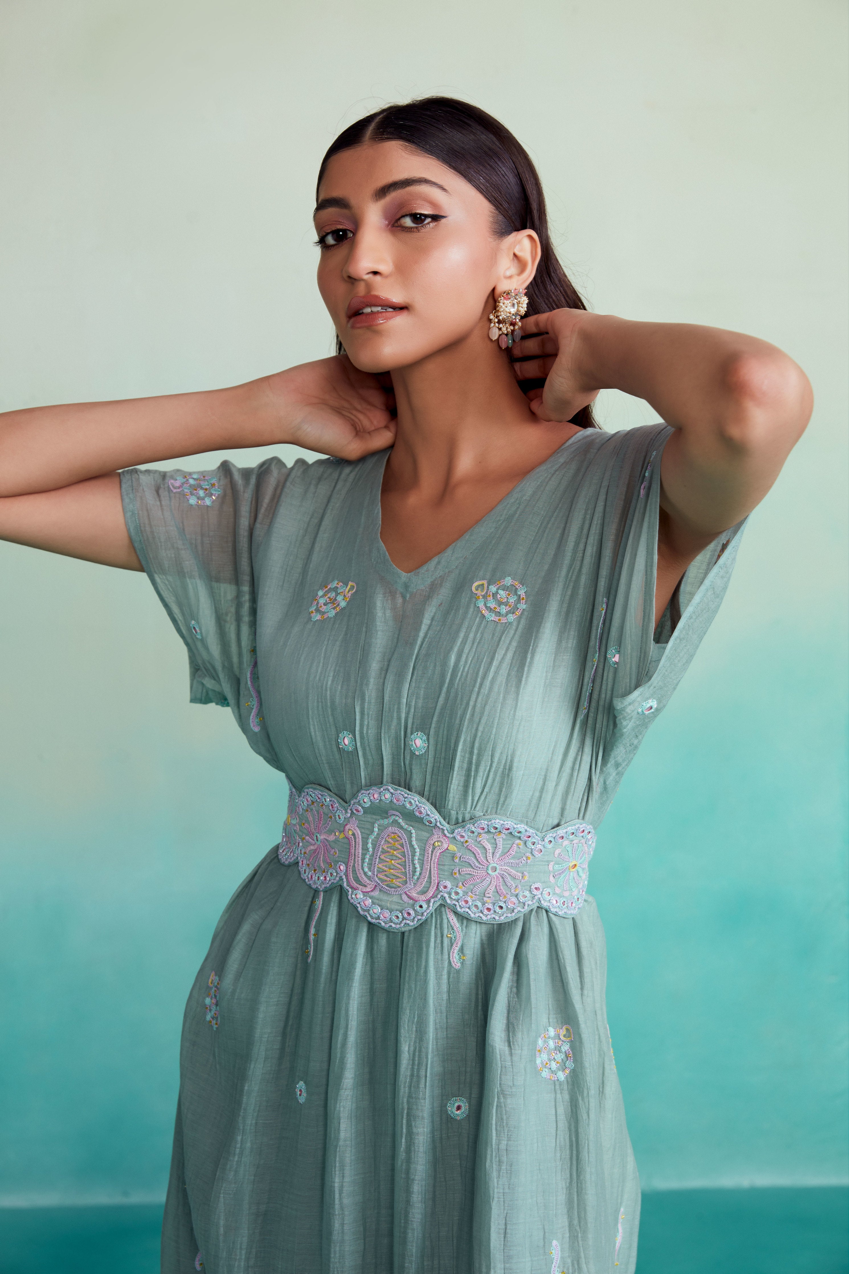 Mint Kaftan Dress with hand embroidered Belt