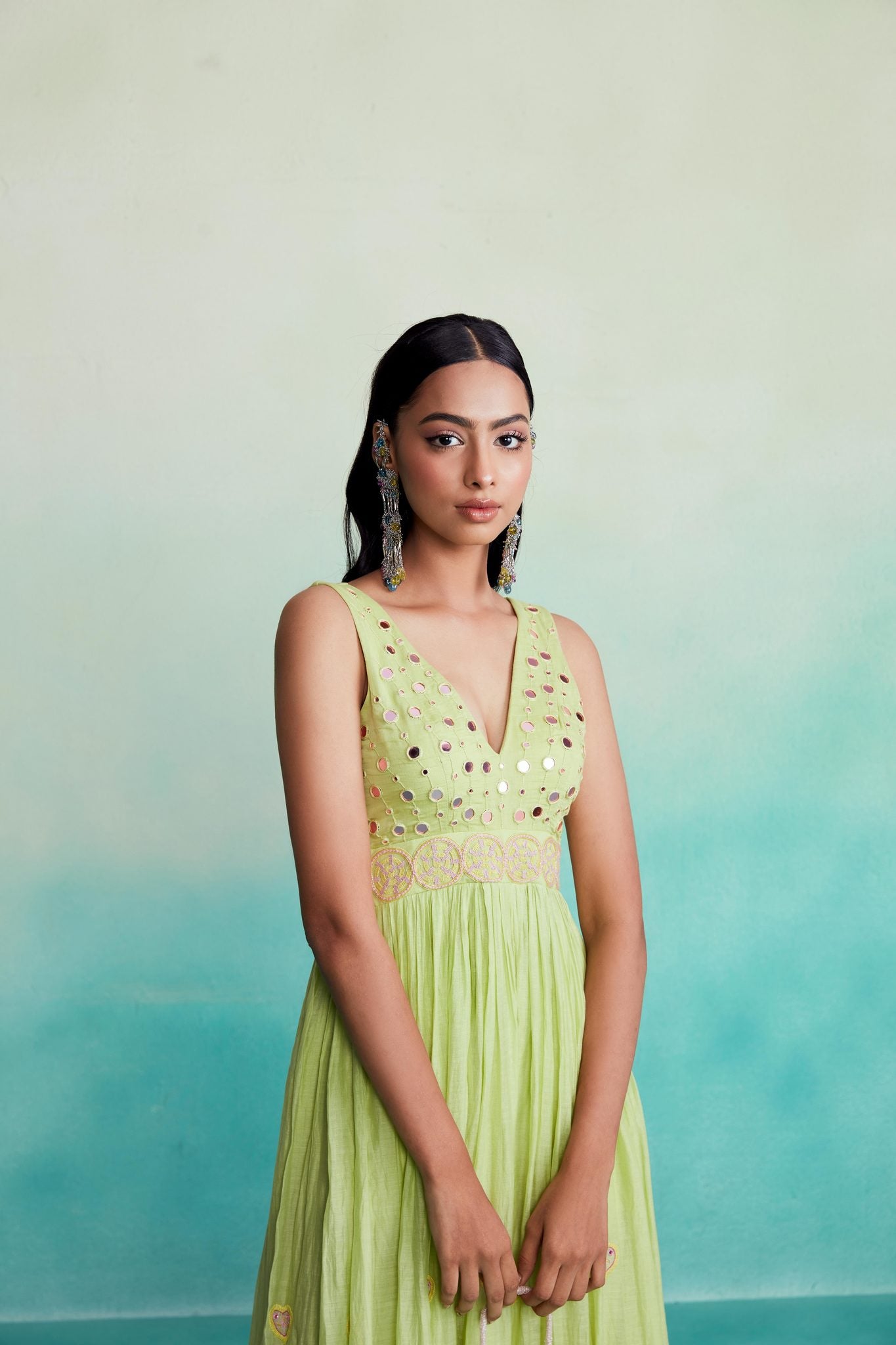 Lime Hand embroidered gathered Jumpsuit